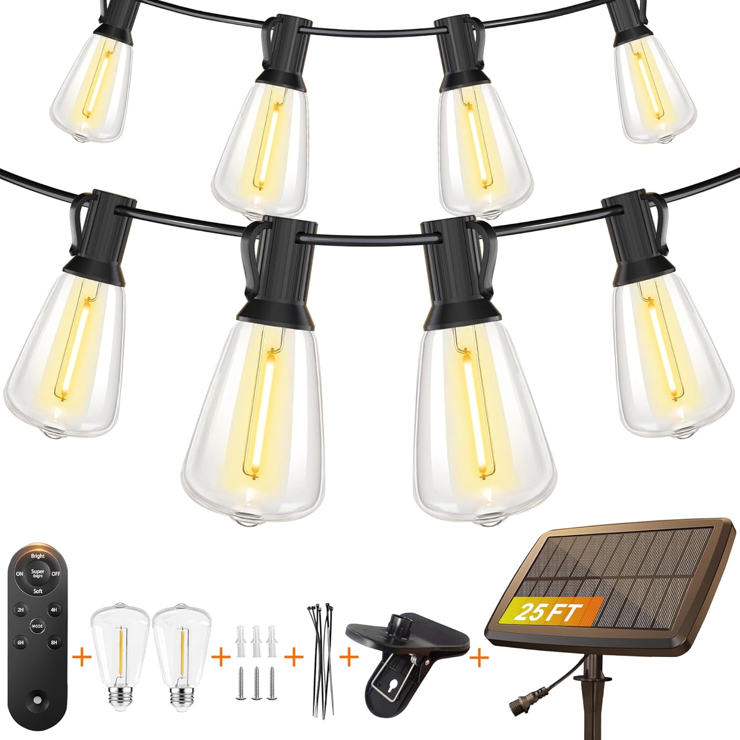 25FT Solar String Lights Outdoor Waterproof with Remote Control 8+2 Shatterproof LED ST38 Bulbs for Porch Garden Market 