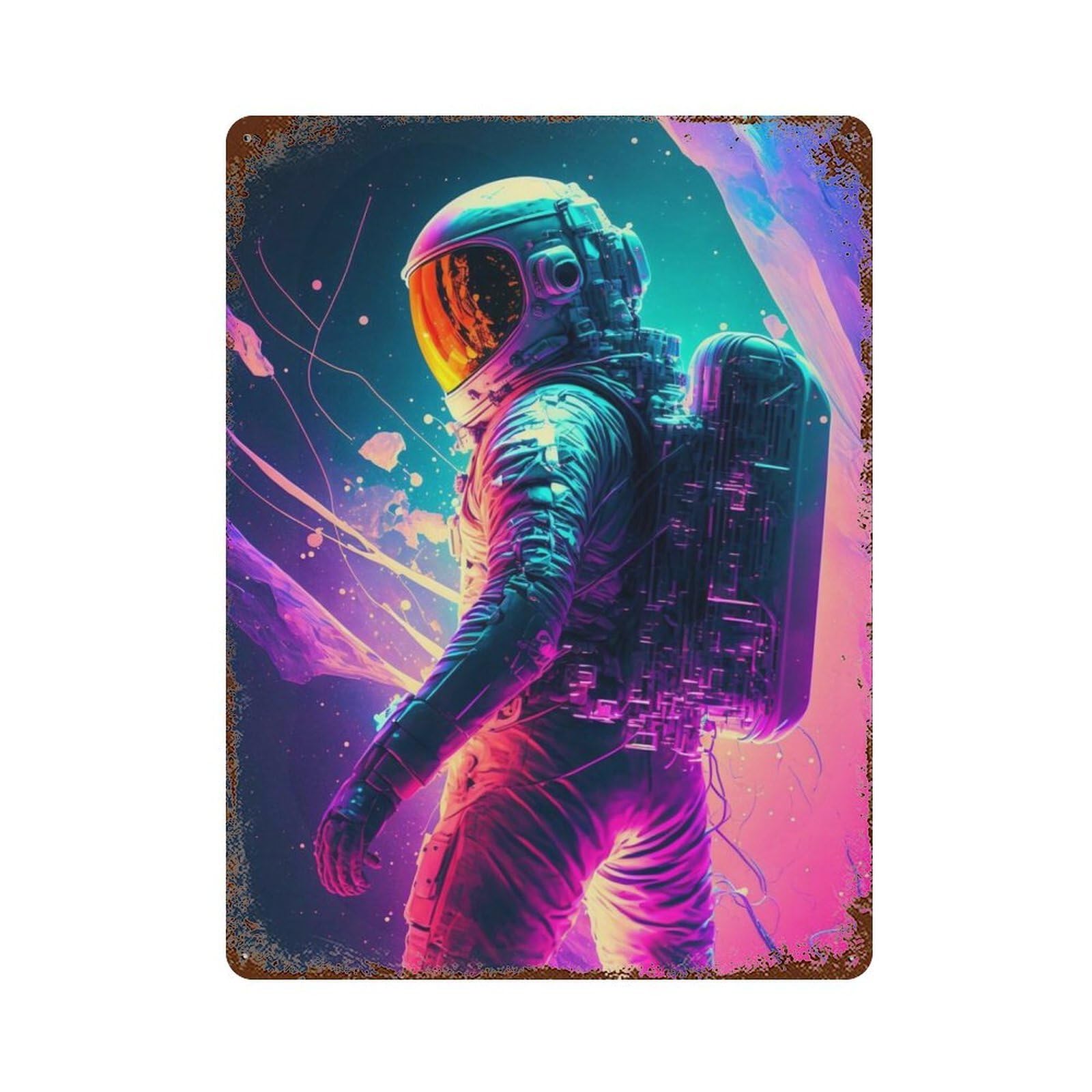 Rust Effect Neon Astronaut Adventure Aged Metal Wall Plaque 15.7"x11.8", Classic Wall Plaque for Basement, Hobby Room And Garage Decor
