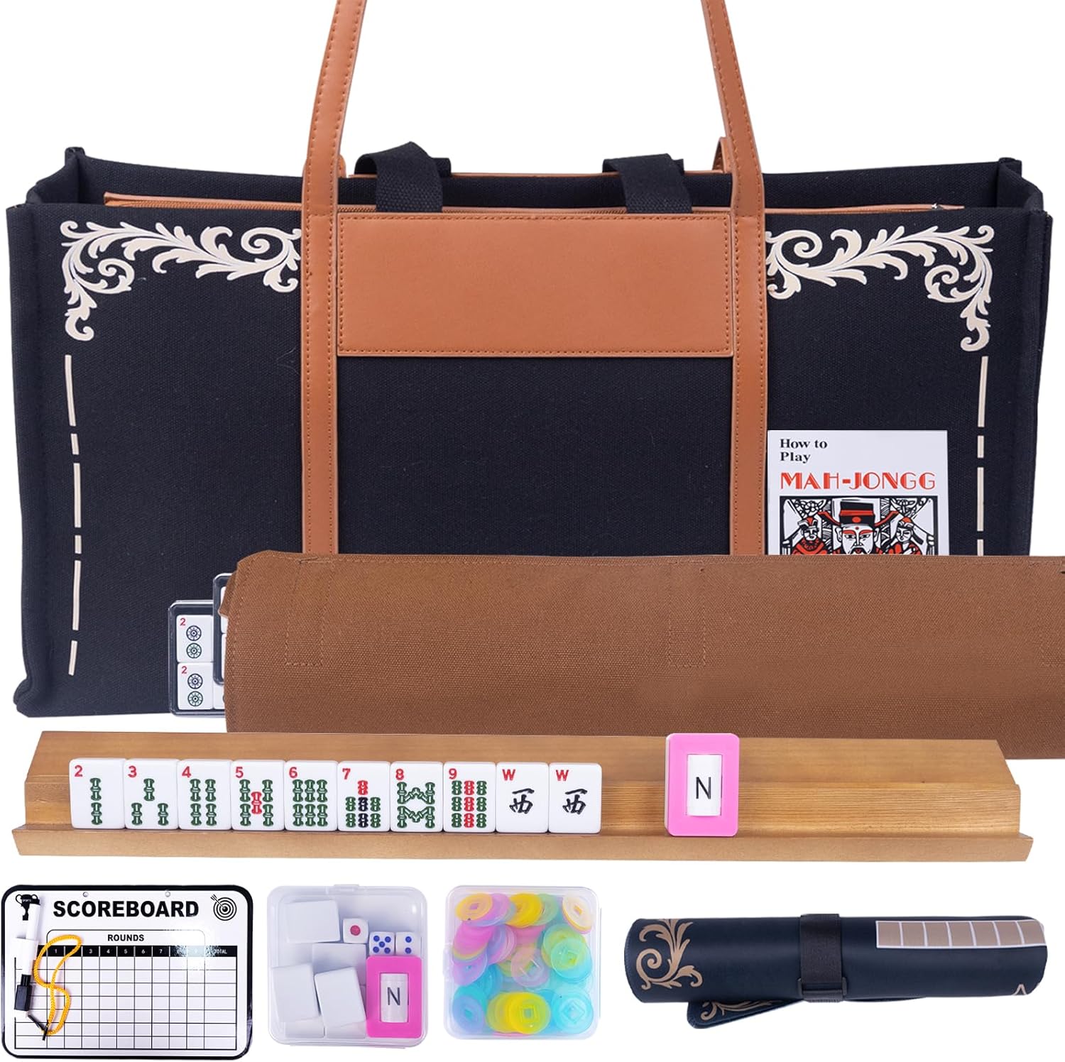 American Mahjong Set,Complete Game Kit, 166 Tiles Mahjong Tile Set with Wooden Pushers Racks, Carrying Bag, Mahjong Mat, Score Cards, Chips, Dice & Accessories Mahjong Set