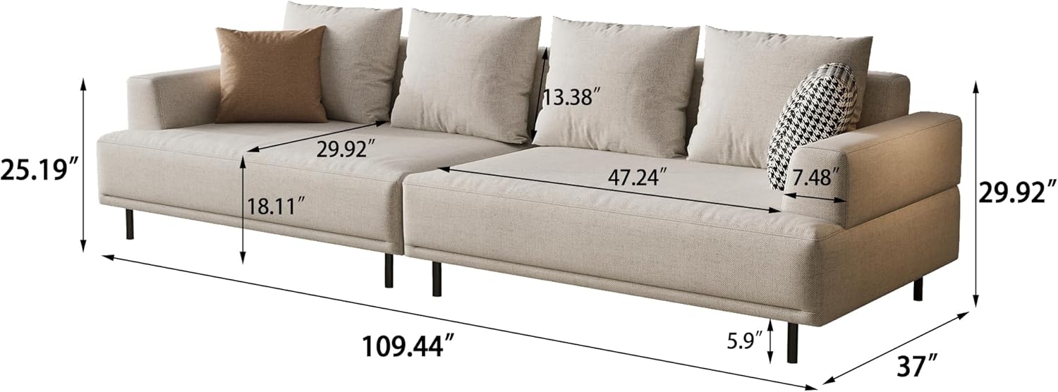 Cream Fabric Sectional Sofa – Contemporary Upholstered Couch with Metal Legs for Living Room (109.44inch-4Seats)