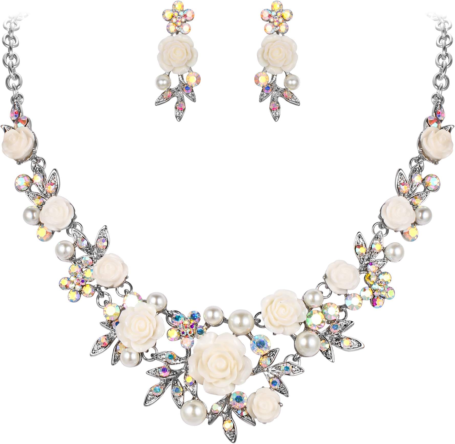 Women's Austrian Crystal Simulated Pearl Rose Flower Leaf Necklace Pierced Earrings Set