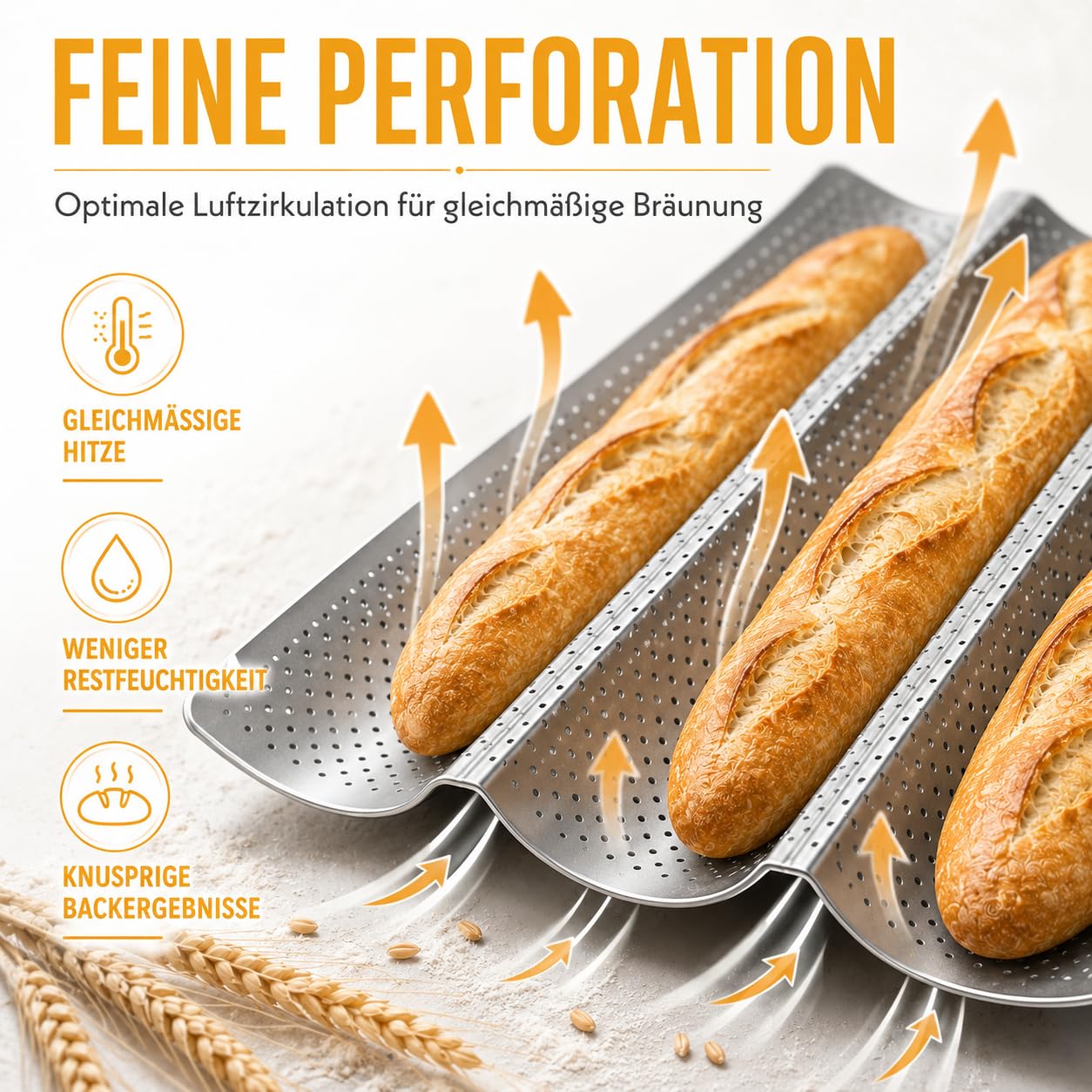 Stampo da forno antiaderente con cotone, panno da forno in tela e coltello per impasto, 4 scomparti, teglia da forno per baguette in acciaio al carbonio, forma perforata, ideale come stampo