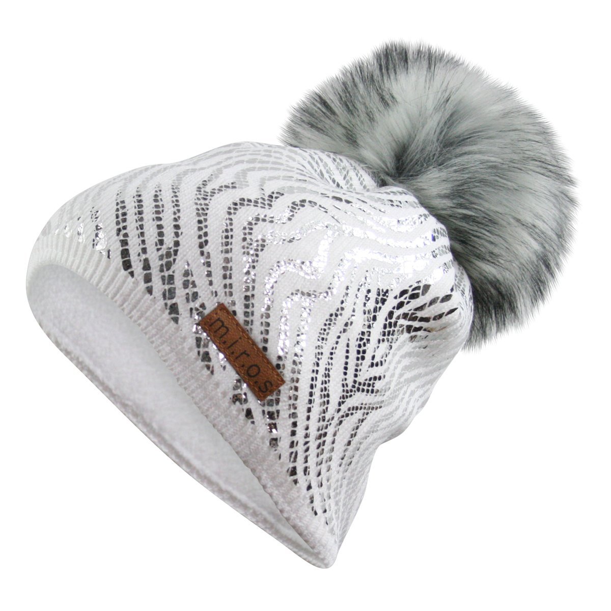 m.i.r.o.s Mandy Women's Winter Hat White with Silver Print Handmade Bobble Hat
