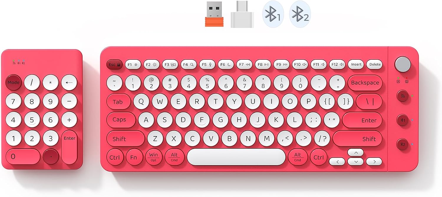 Bluetooth Computer Keyboards, Wireless Spilt Ergonomic Keyboard with Separate Numeric Keypad, Low-Noise Keyboard, Mini Numeric Keypad for Accountants/Left-Handed User, Milk Tea