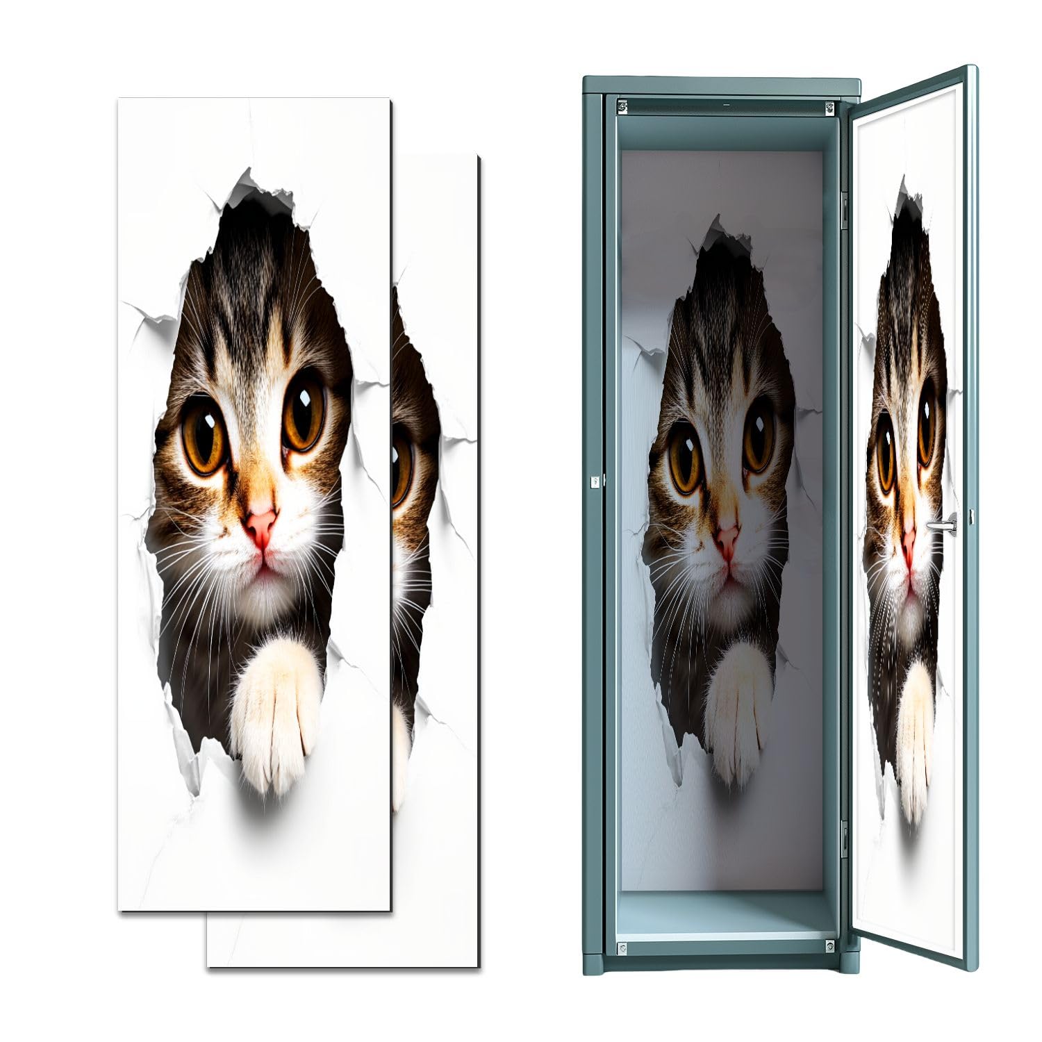 2 Pcs Locker Magnetic Wallpaper Curious Cat Poking Torn Paper Wall Large Eyes Soft Paws 12" x 36" Wall Magnetic Sticker Removable Locker Accessories Decor Easy Install for Office School