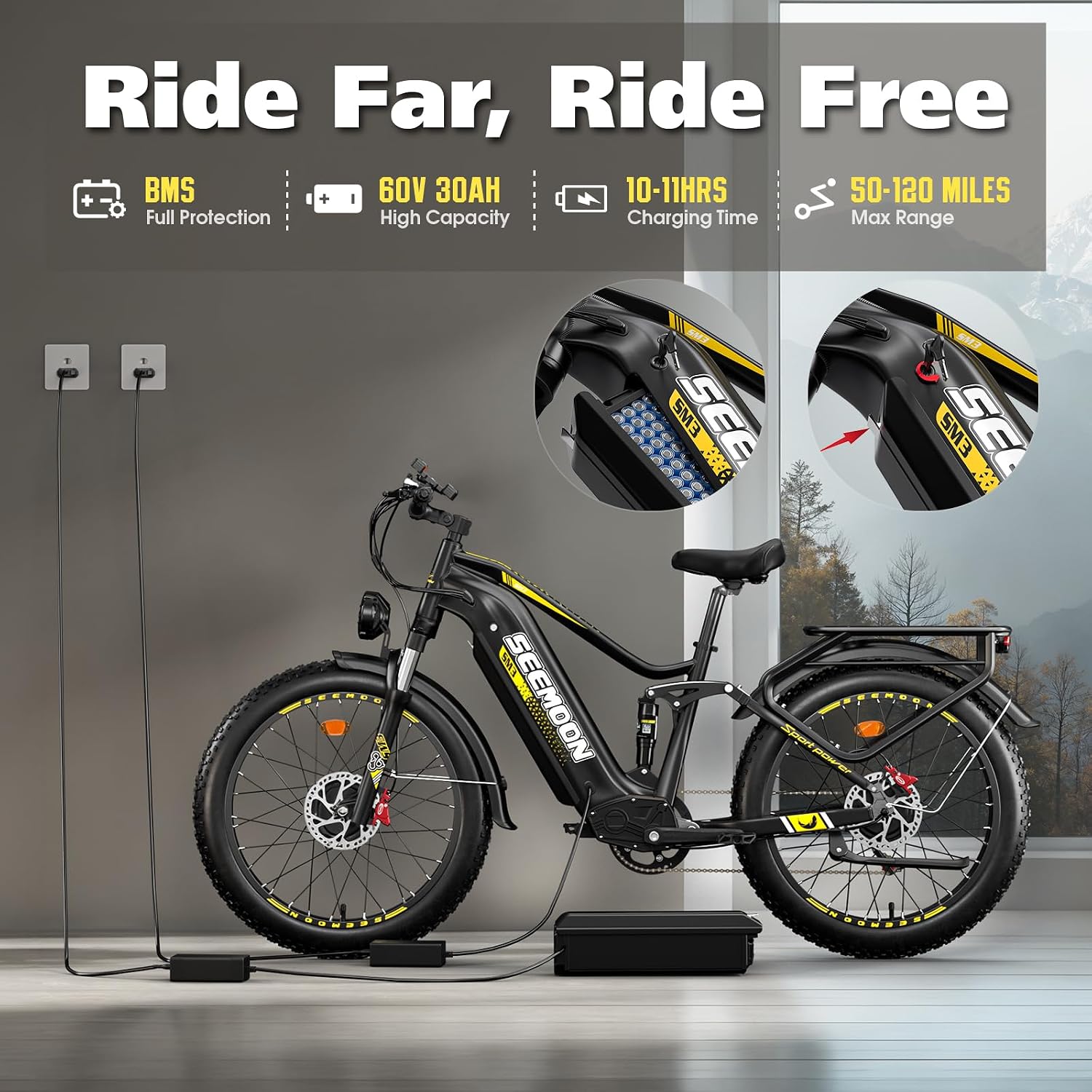 Seemoon 6000W Dual Motor Ebike Up to 120 Miles Long Range with 60V 30Ah 1800Wh Removable Battery for Adults,Max Speed 45MPH,24" Fat Tire All Terrain Electric Bike with Throttle Lock for Men Women SM3