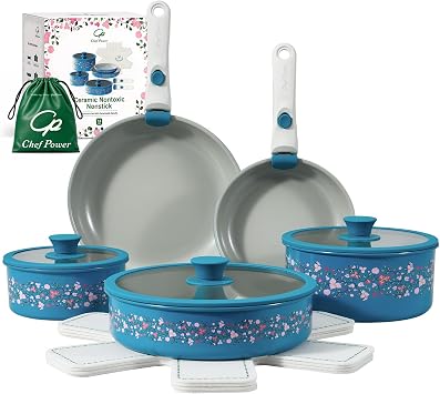 Chef Power Ceramic Cookware Set Non Toxic with Detachable Handles, Healthy Nonstick Decal Pans and Pots Set 14 Pcs, Induction Dishwasher Oven Safe Kitchen Set, Turquoise with Bougainvillea
