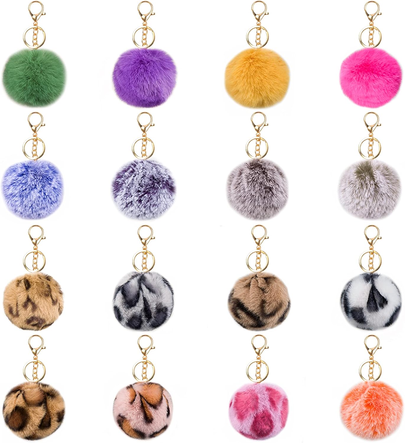 JOYYPOP 16 PCS Pom Poms Keychains Fluffy Faux Fur Colorful Pom Pom Balls for Girls Women (Leopard Mix Colors)