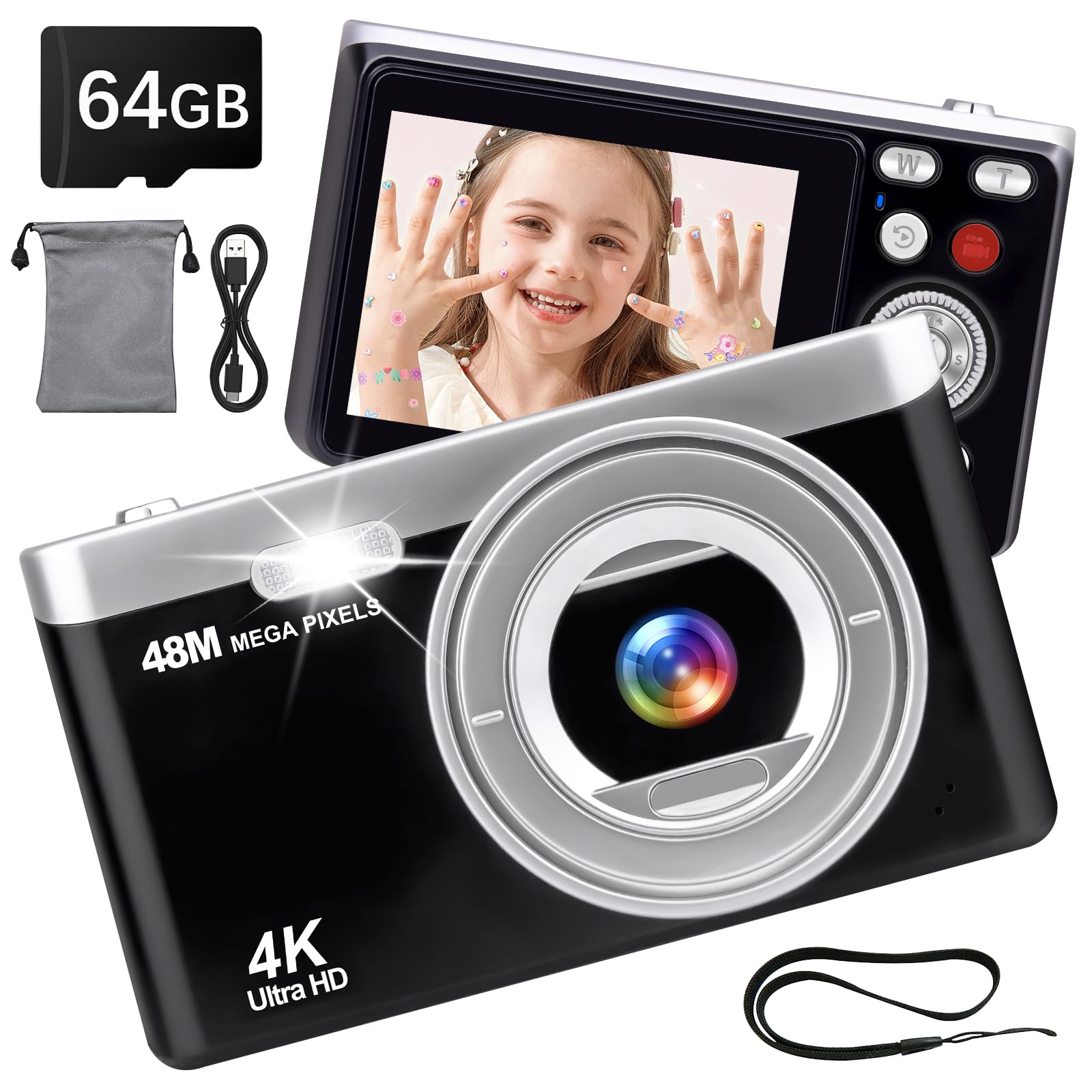 Fotocamera digitale 4K, 48 MP, messa a fuoco automatica, con schermo da 2,8", zoom digitale 16x, scheda SD da 64 GB, portatile, compatta per bambini, adolescenti e principianti