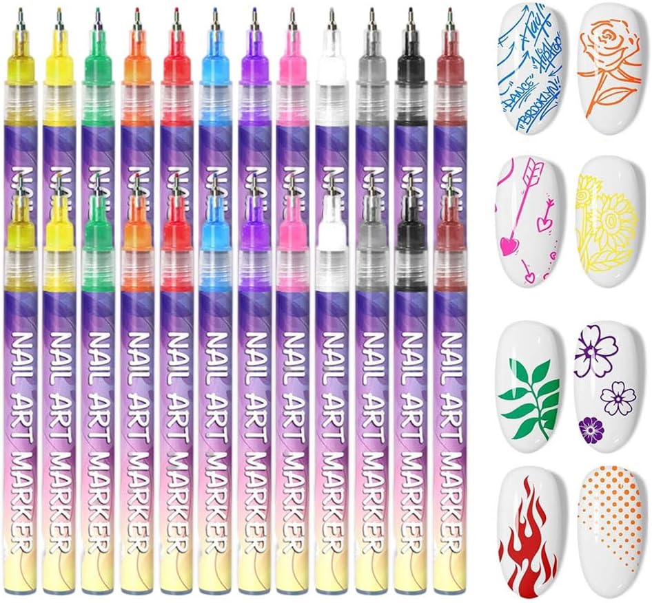 12 Colors Nail Art Pens Set, 3D Nail Art Markers Doodle Pen for Kids Adults, Nail Art Tools for Polishing Dotting Painting Liner DIY (2 set)