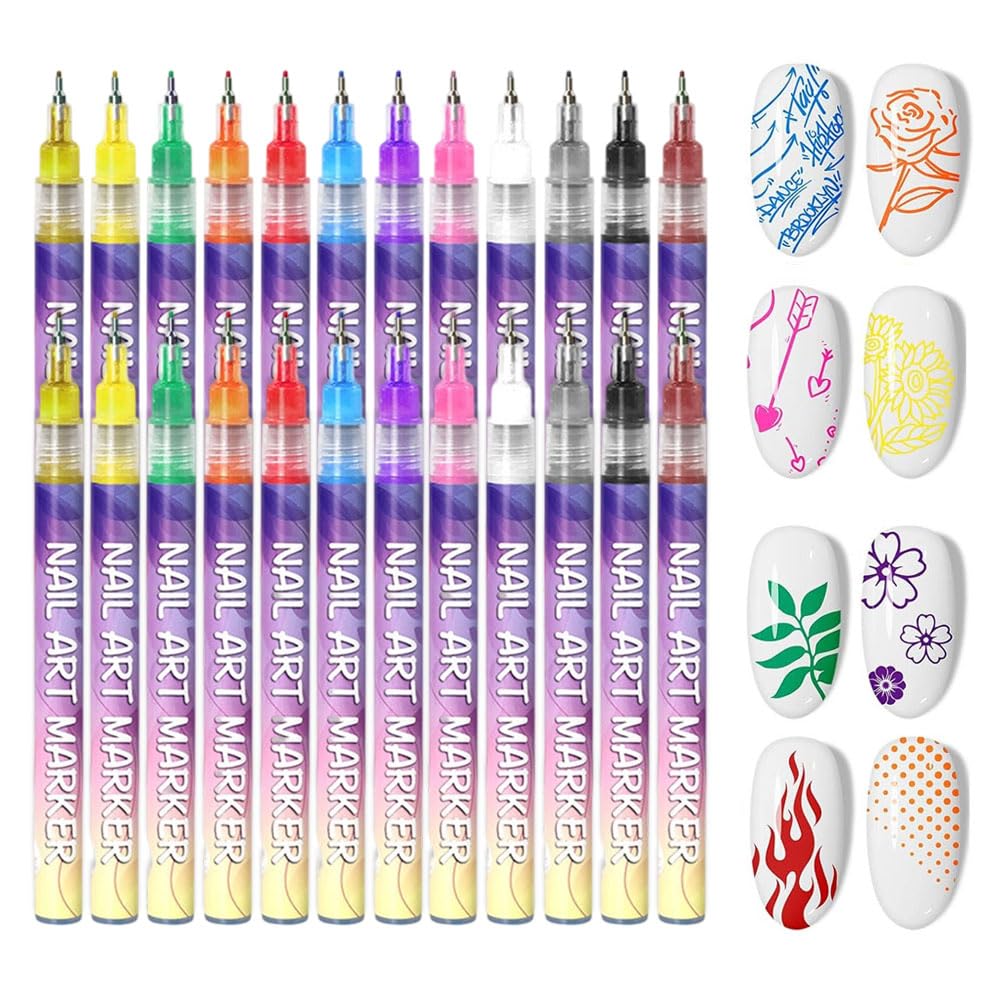 12 Colors Nail Art Pens Set, 2026 New Nail Art Markers for Gel Nails, 3D Nail Polish Pens Quick Drying Dotting Point Liner Pens Acrylic Paint Pens Kit for DIY Nail Art (2 Set)
