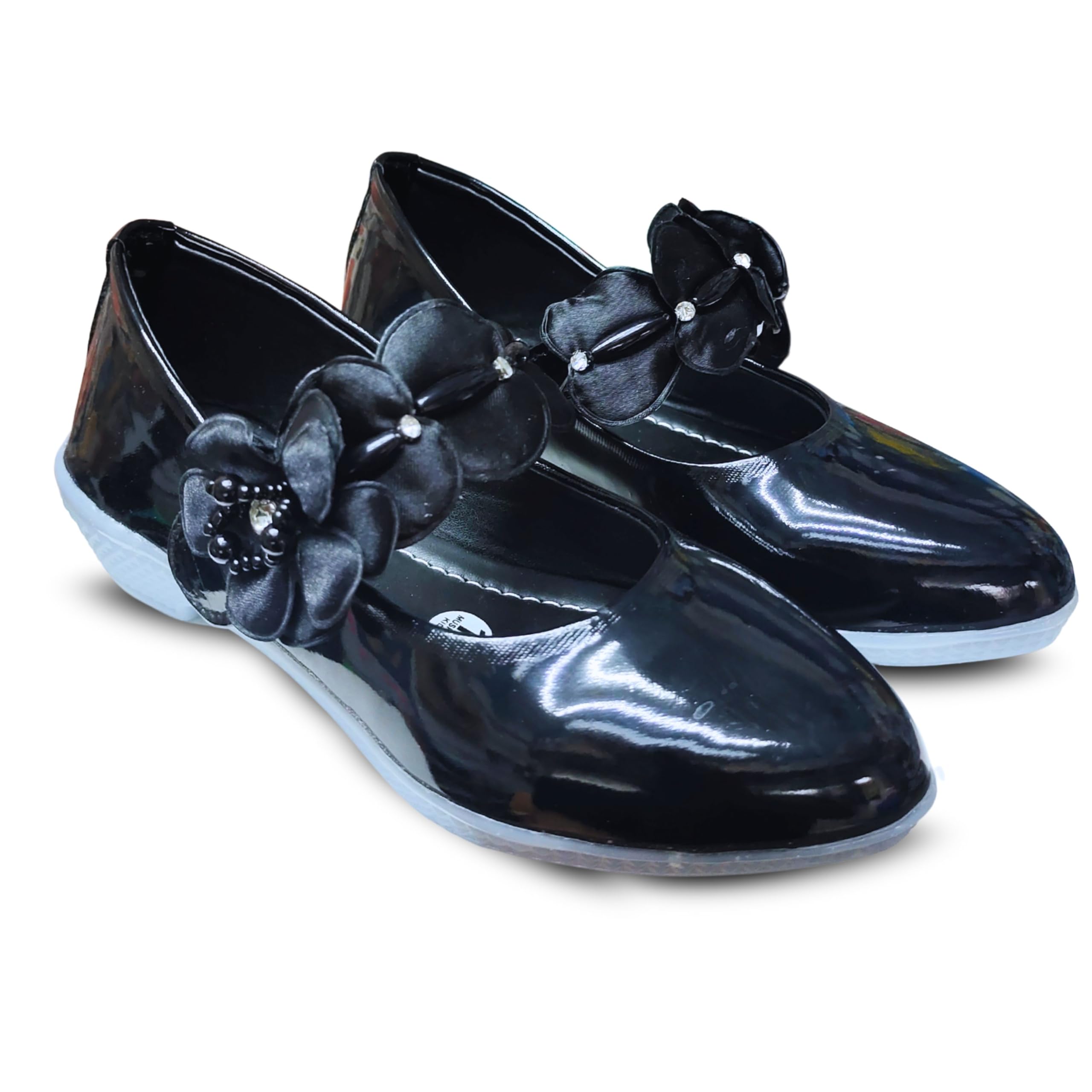 Girls' Patent Mary Jane Shoes with Floral Embellishment, Attractive Colour's, Pearl Flower Welcro Bellies |DMND-3|-image-47