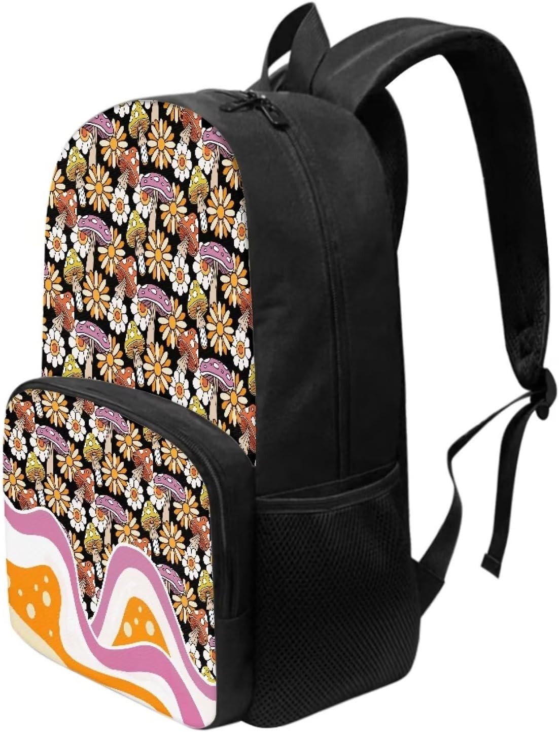 Girls Middle Elementary School Hippie Floral Daisy Mushroom Backpack for Kids Double Zipper Lightweight Padded Back Student Bookbag with Front Pocket 17" Large Capacity Orange Cute Backpack for Girls
