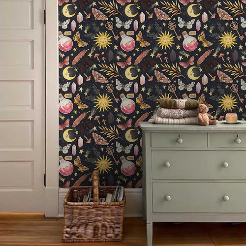 Miniatura 3 de BEETAL Black Navy Fantasy Magical Sun Moon Crystal Butterfly Mushroom Stars - Papel tapiz adhesivo fácil de despegar y pegar, papel adhesivo