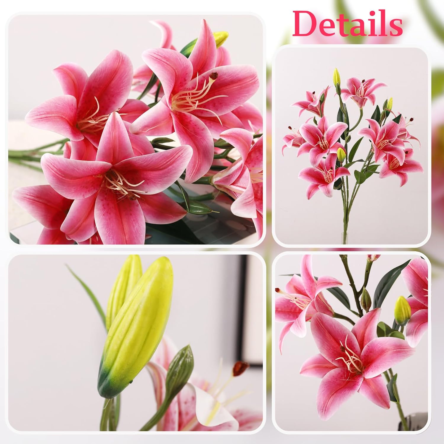 ASTRYAS 18 Heads Artifical Lily Flowers, Long Stem Artificial Stargazer Lilies Faux Fake Lily Flower Bouquets for Home Hotel Office Party Decor Table Centerpieces(2,Hot Pink