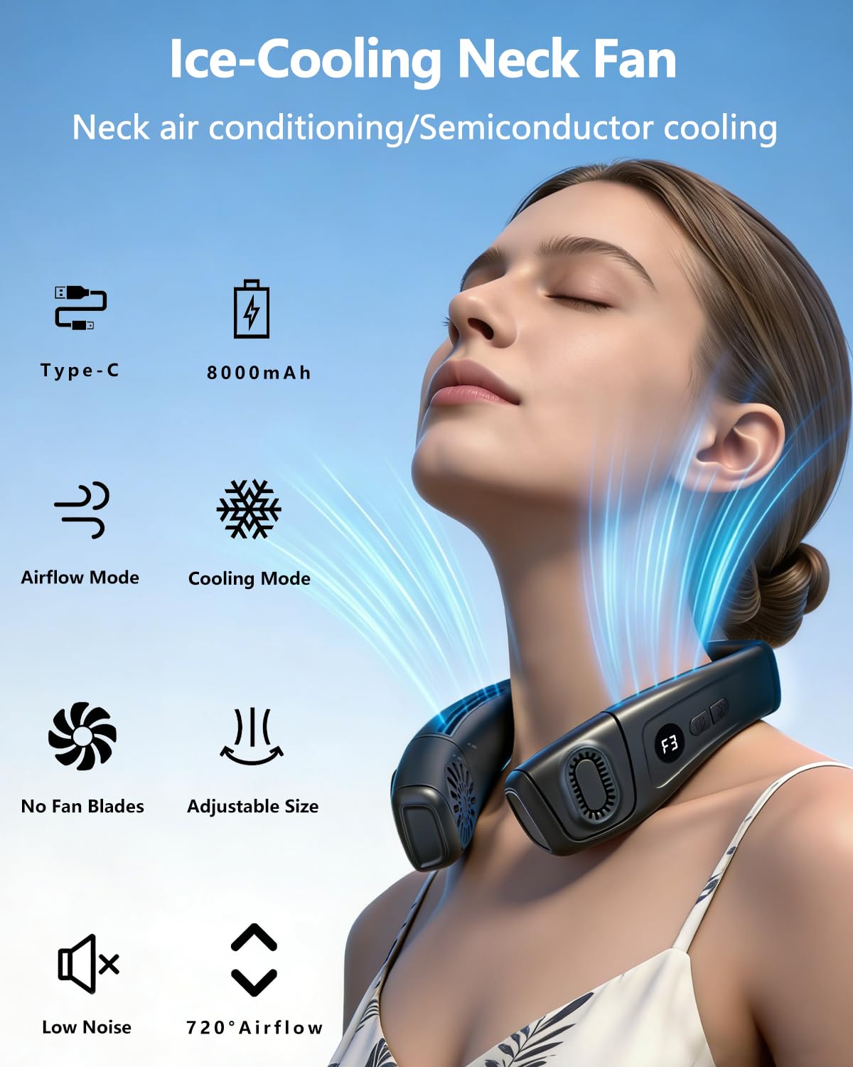 Hals-Klimaanlagen-Ventilator, die kalte Luft mit Kühlplatte blasen, tragbarer persönlicher Kühlventilator, blattlos, wiederaufladbarer Ventilator, 3 Geschwindigkeits-Windgeschwindigkeiten und 3