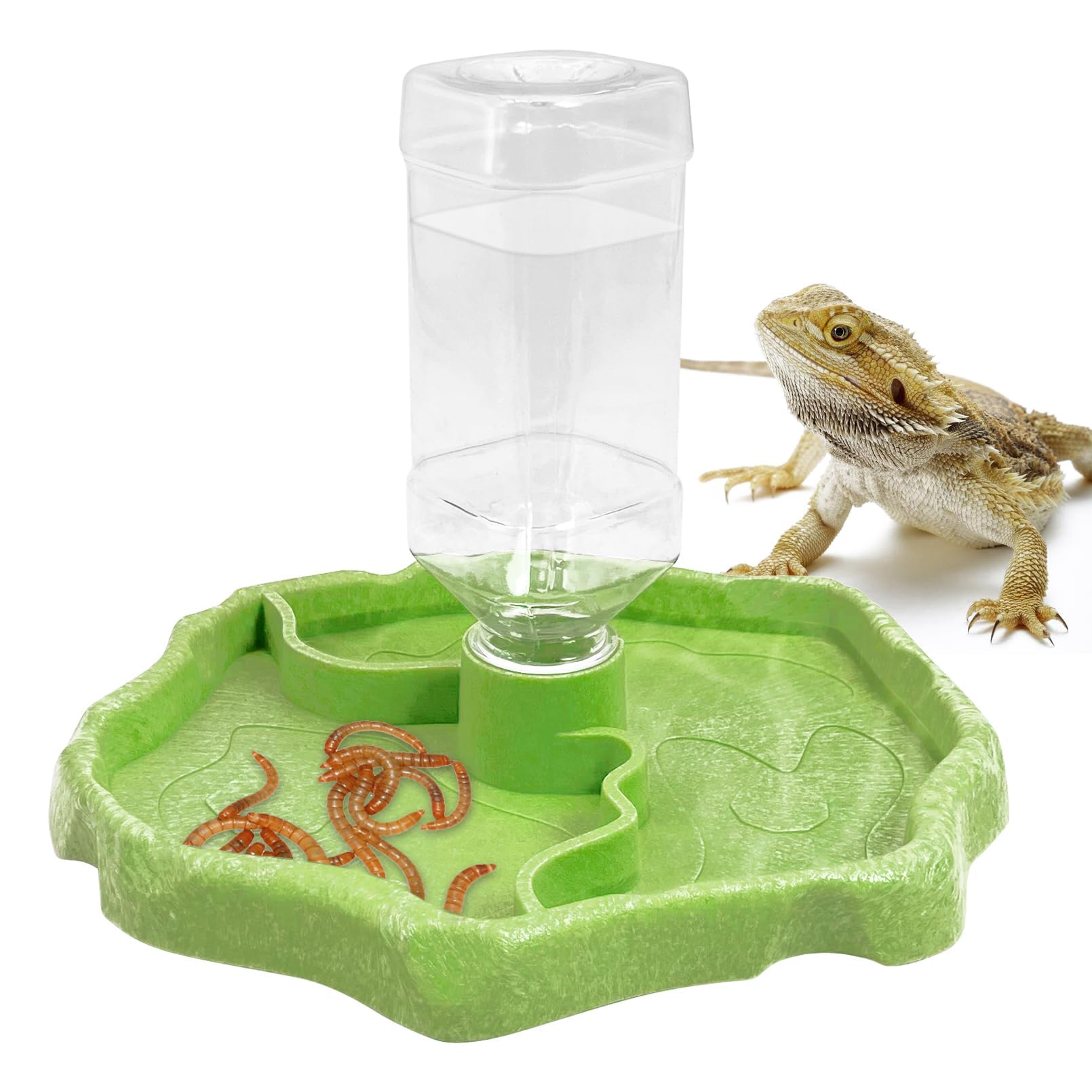 Kathson 9oz 2-in-1 Reptile Water Bottle Turtle Automatic Feeders Waterer Food and Water Bowl pet Dispenser Bottle Feeding Dish for Lizard Chameleon(Green)