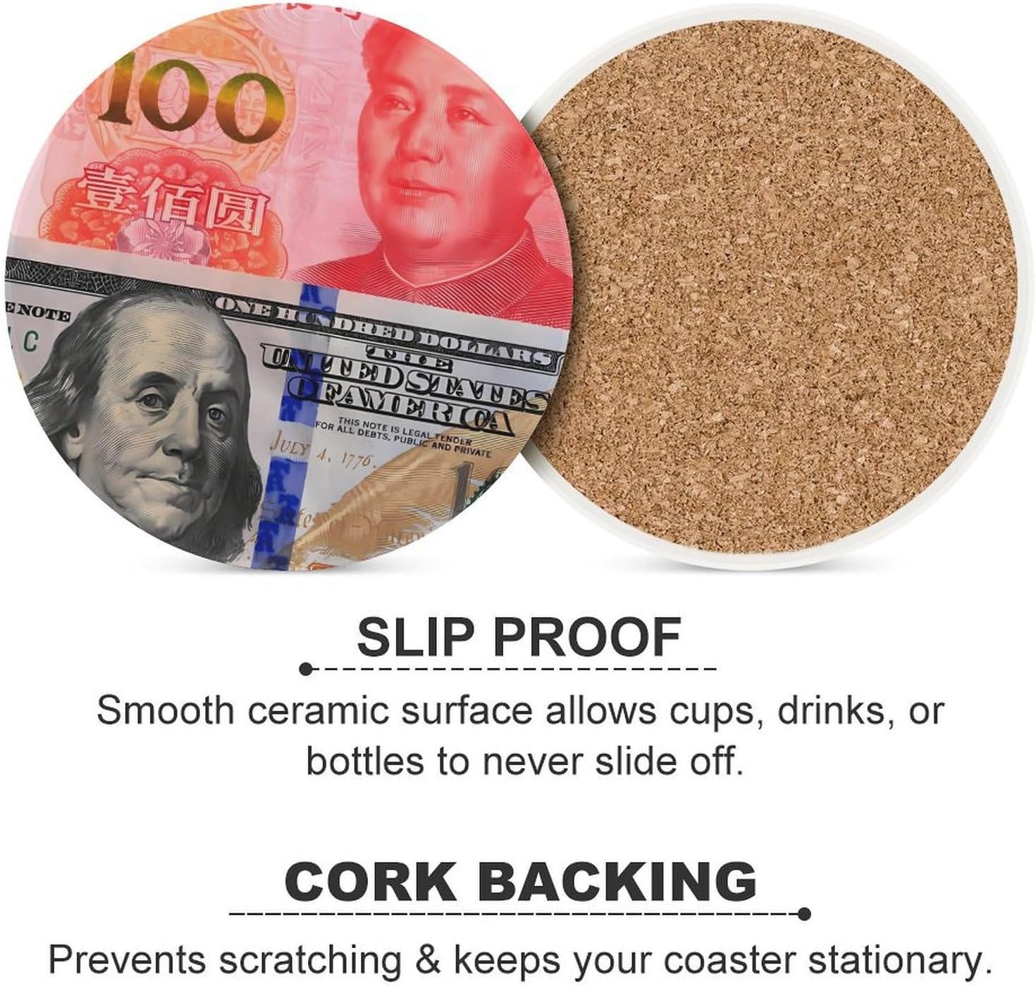 Us Dollar Rmb Funny Round Ceramic Coasters for Drink Absorbent Cup Holders Tabletop Protection