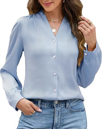 Womens Stain Business Dressy Casual Blouse Button Up V Neck Long Sleeve Tops Work Shirt Fall Outfit 2025 Trendy