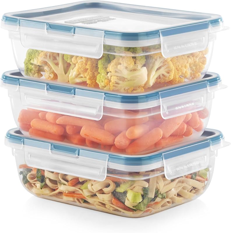 Snapware Plastic Total Solution (paquete de 3, 8,5 tazas) Contenedores de almacenamiento de alimentos | Recipientes para preparación de comidas con tapas de plástico sin BPA con 4 pestañas de bloqueo, aptos para microondas, lavavajillas y congelador.