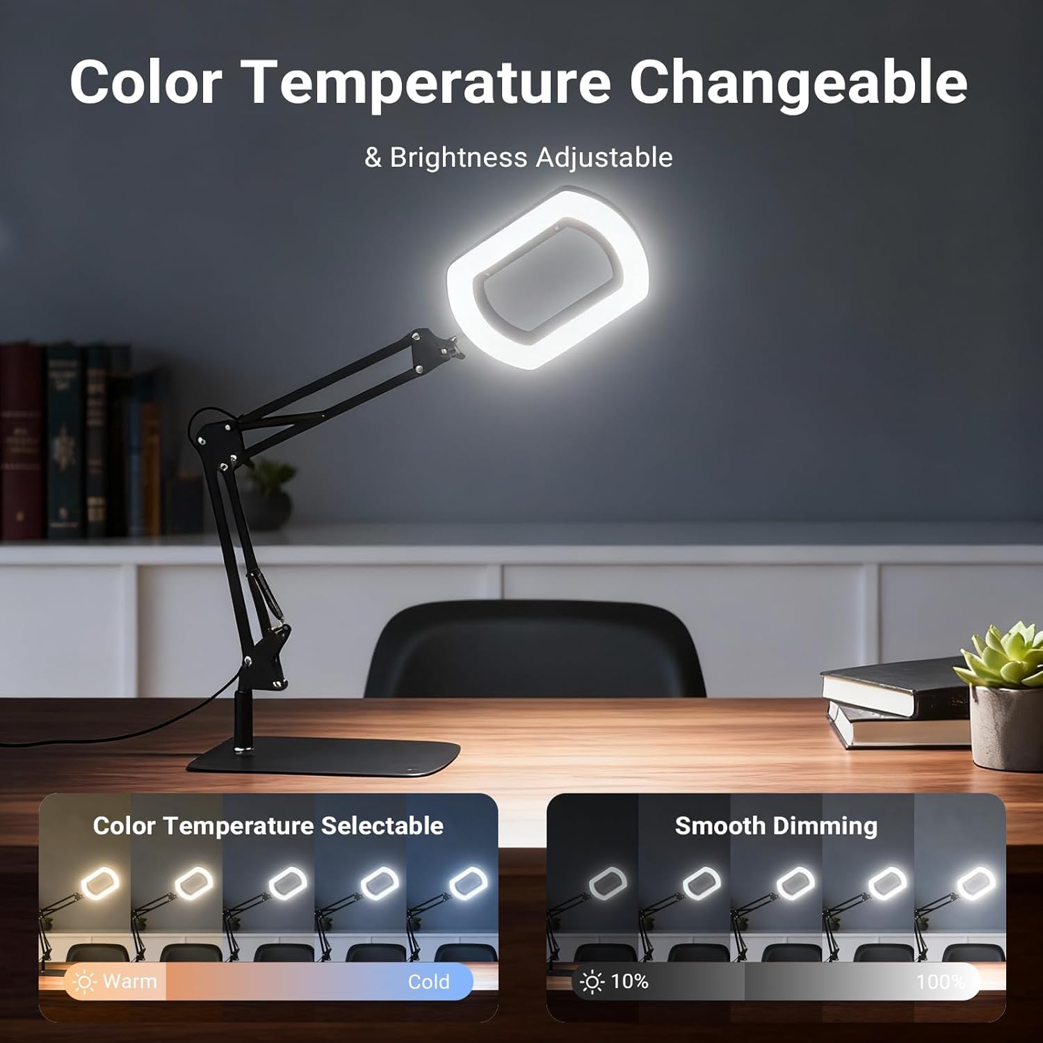 LIWEGHT 15x Square Magnifying Glass with Light and Stand, 5 Color Stepless Dimmable 2-in-1 Magnifier Desk Lamp & Clamp, Hands-Free Magnifying Glass for Reading Craft Work (Timer Function)