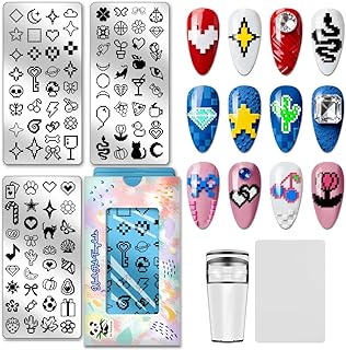 PH PandaHall 3pcs Pixel Art Nail Stamp Plates Heart Star Moon Nail Stamper Cute Pattern Manicure Stencils Bow Flower Nails Art Templates Nail Image Plate for Women Manicure Salon Printing Supplies