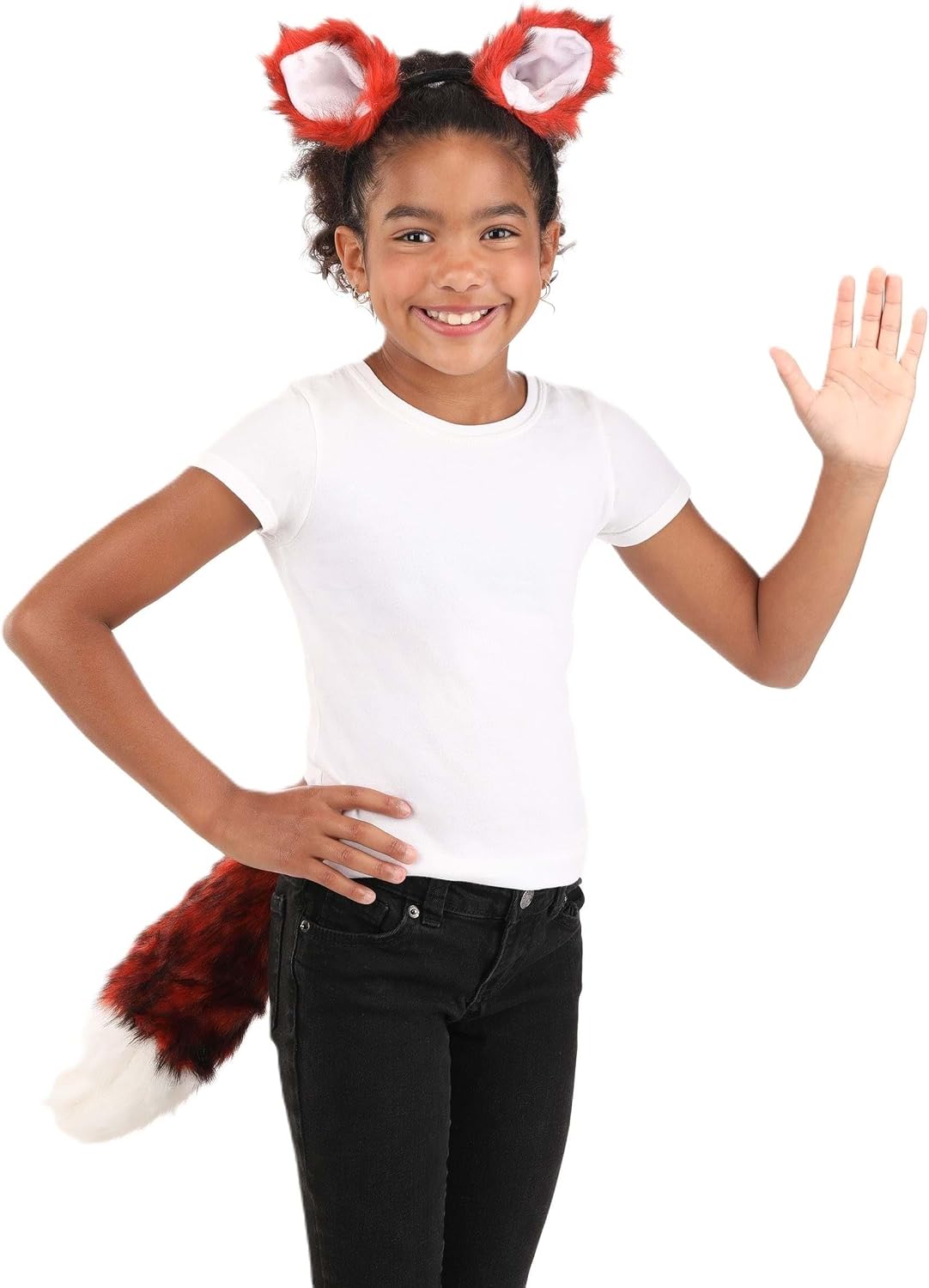 Fox Ears and Tail Set - Faux Fur Ears with White Tips and Tail, Adjustable Fit, Costume Accessory