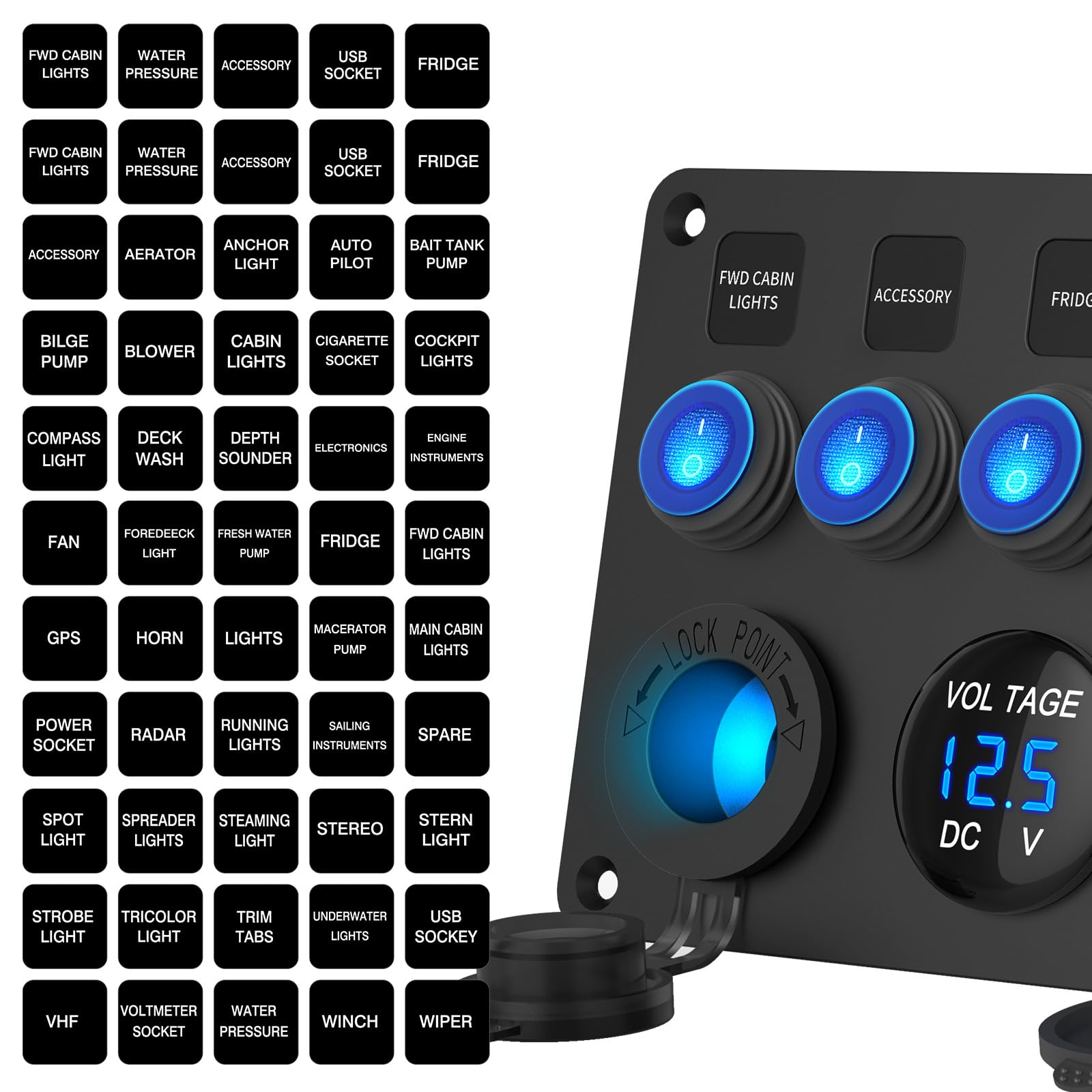 12V 24V 5 banda Interruttore Rocker ON Off Pannello in alluminio pre-cablato Impermeabile con caricabatterie auto triple porte USB 78W, Voltmetro digitale LED e presa accendinore per sigarette