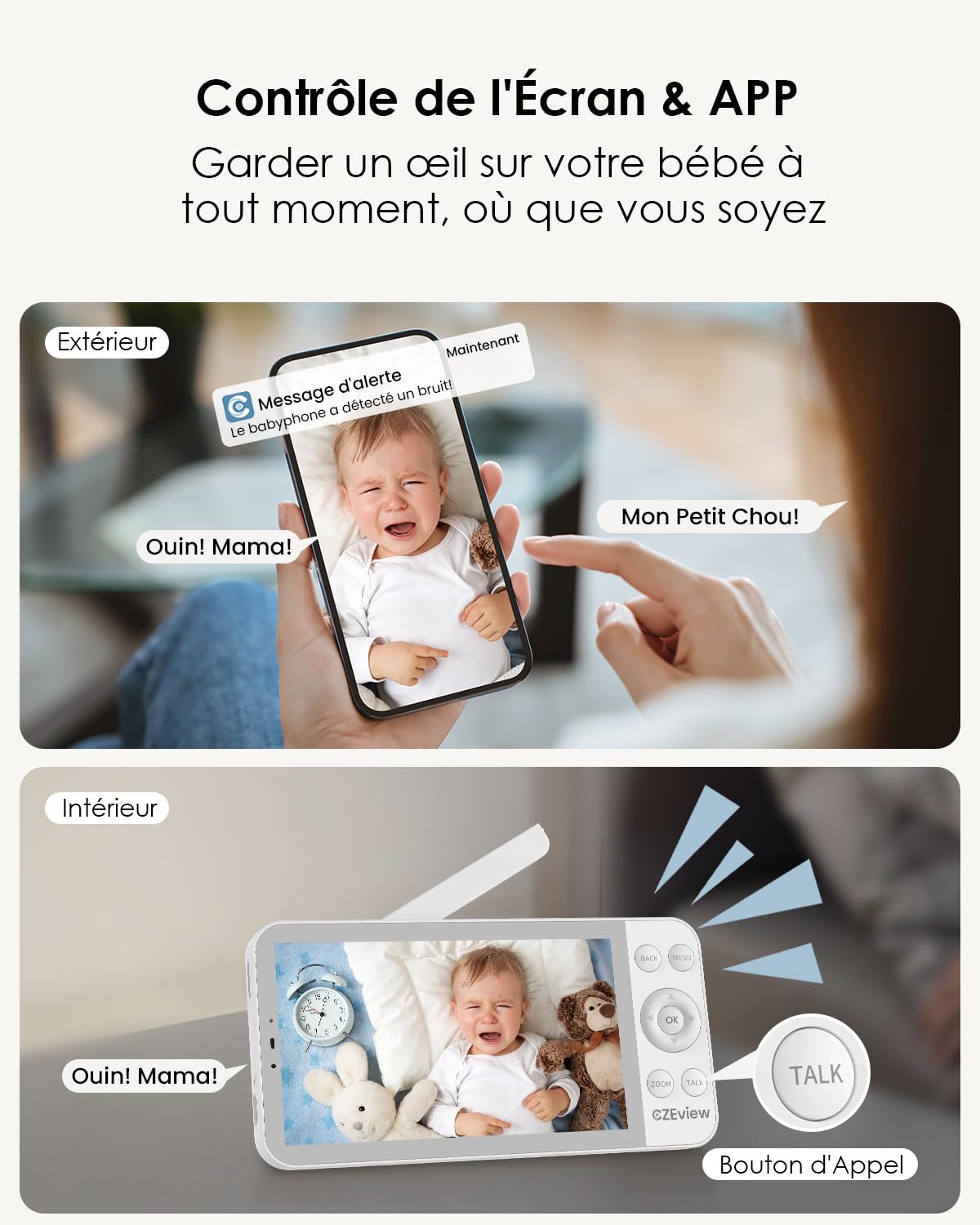 CZEview Babyphone Caméra 2.5K & Ultra Grand Moniteur HD 5,5", Qualité d'image au Top, 360°, APP, Veilleuse & Musique, Vision Nocturne, Caméra Bébé (Blanc (1 pièce)) | écran super clair, vision nocturne, audio bidirectionnel, berceuses, capteur temp., 360°