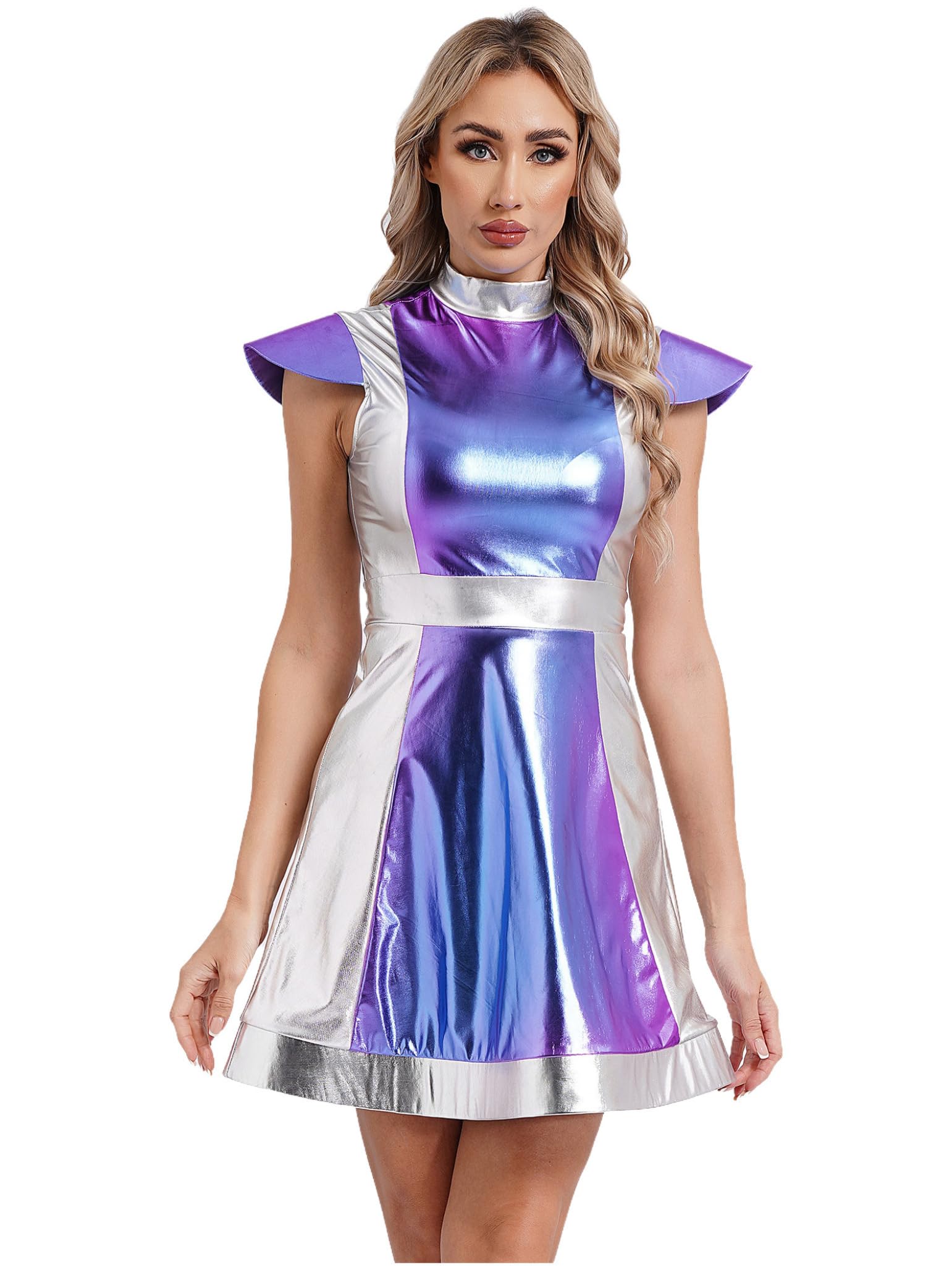 Moggemol Womens Halloween Cosmic Alien Costume Space Cadet Cosplay Shiny Metallic Flared Mini Dress Silver XL