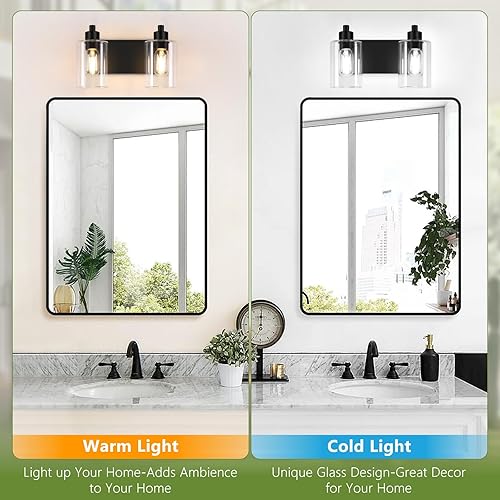 Miniatura 4 de Luces de Baño Negras Mate de 2 Luces Sobre Espejo con Pantalla de Vidrio Transparente, Luminarias Modernas de Baño para Cocina, Sala de Estar, Negro