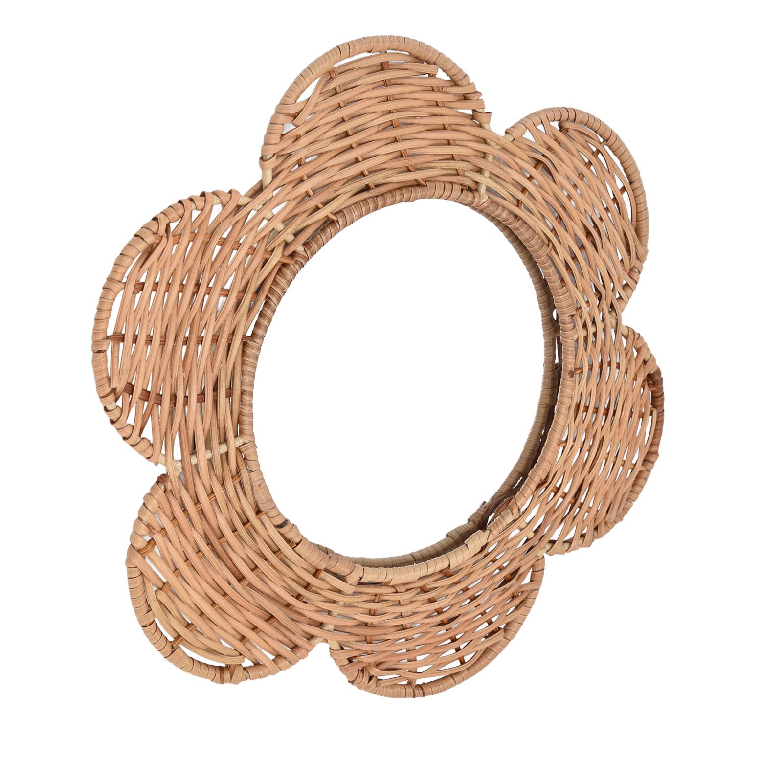 BORDSTRACT Miroir Mural Rond Suspendu, Miroir Mural en Rotin Naturel, Décoration Murale Miroir Cosmétique Fleur en Osier pour Salon Chambre Salle de Bains (28,5 X 25,5 cm)