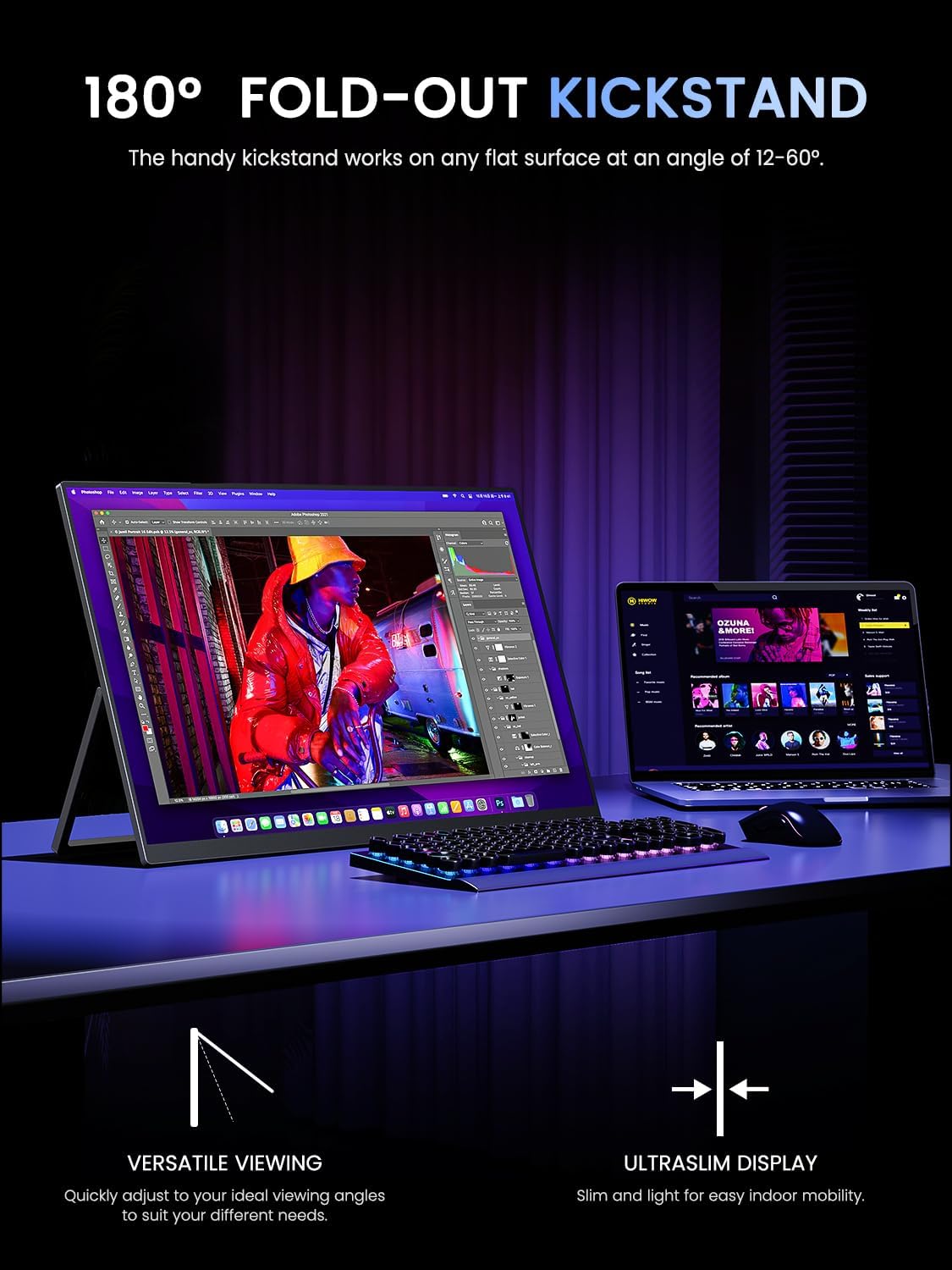 UPERFECT 24.5" 2K Portable Monitor, 165Hz Gaming Monitor, 1ms FreeSync HDR IPS Large Mobile Screen, Built-in 180° Adjustable Stand/VESA, USB-C HDMI Second Screen for Laptop, Phone, Game Console