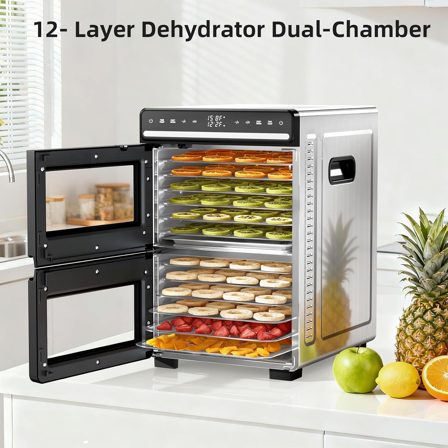 Kndko Food Dehydrator 1100W Machine With Digital Adjustable Temperature and 72H Timer,2 separate chambers,12 Stainless Steel Trays for Fruits Vegetables and Meat