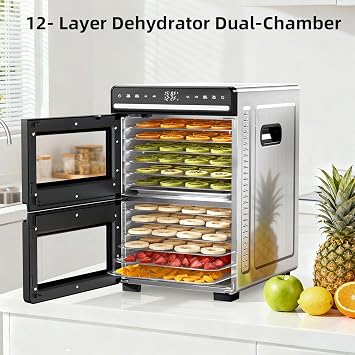 Kndko Food Dehydrator 1100W Machine With Digital Adjustable Temperature and 72H Timer,2 separate chambers,12 Stainless Steel Trays for Fruits Vegetables and Meat
