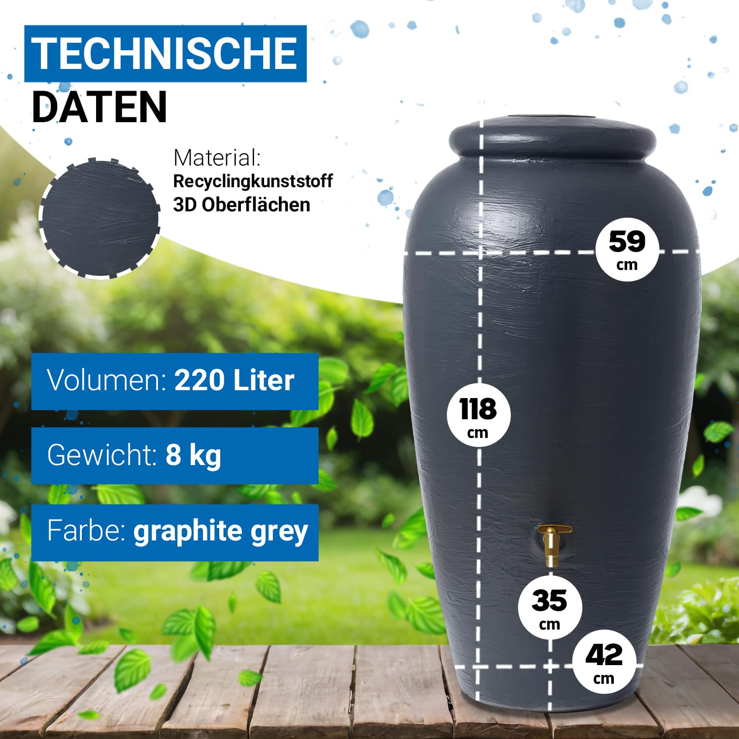 4rain Amphora Regentonne 220 Liter Graphitgrau Regenamphore mit Auslaufhahn | Anschluss-Set Frostsicherer Regenwassertank Regenwassertonne Wassertonne für Garten Wasserfass Amphoren-Optik