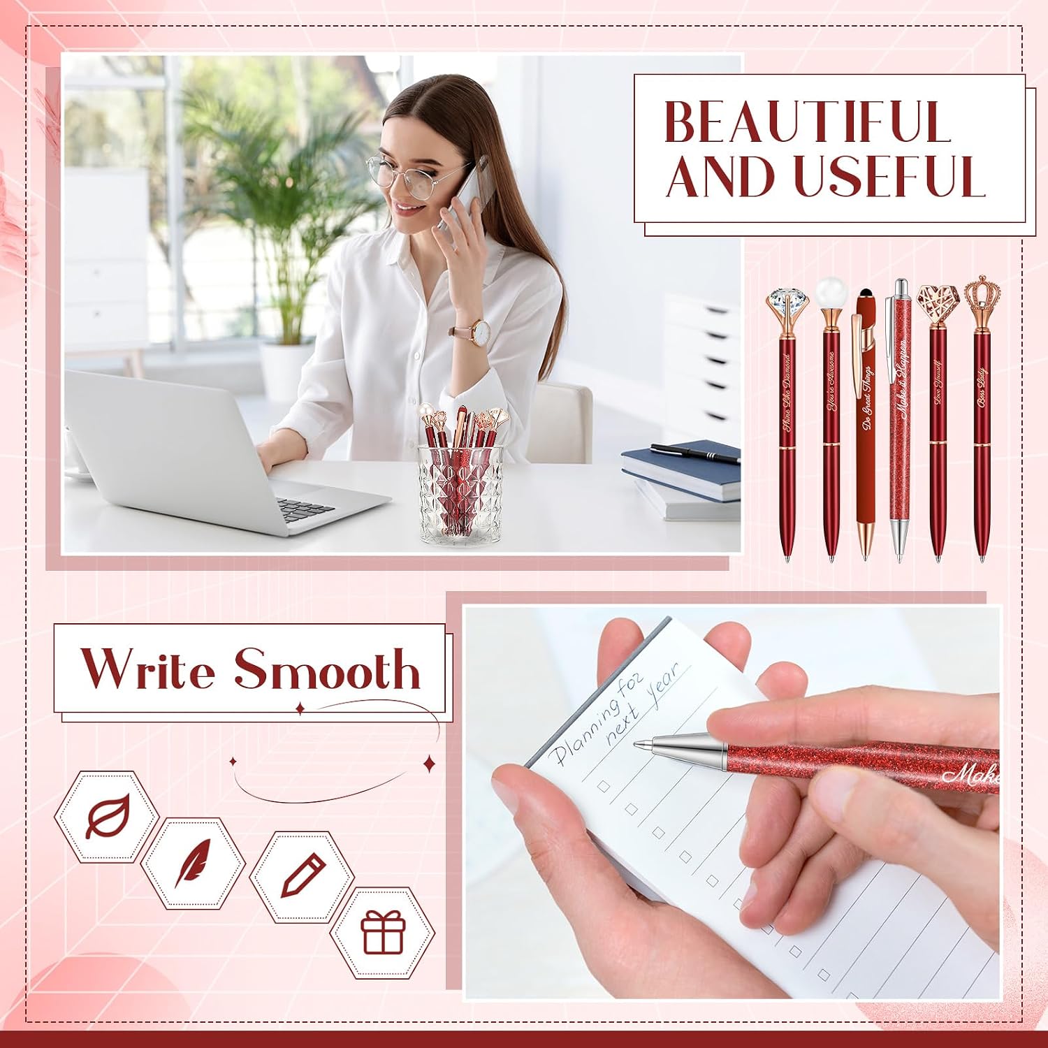 Qeeenar 6 Pcs Fancy Pens for Women Crystal Diamond Pen with Box, Red image 5