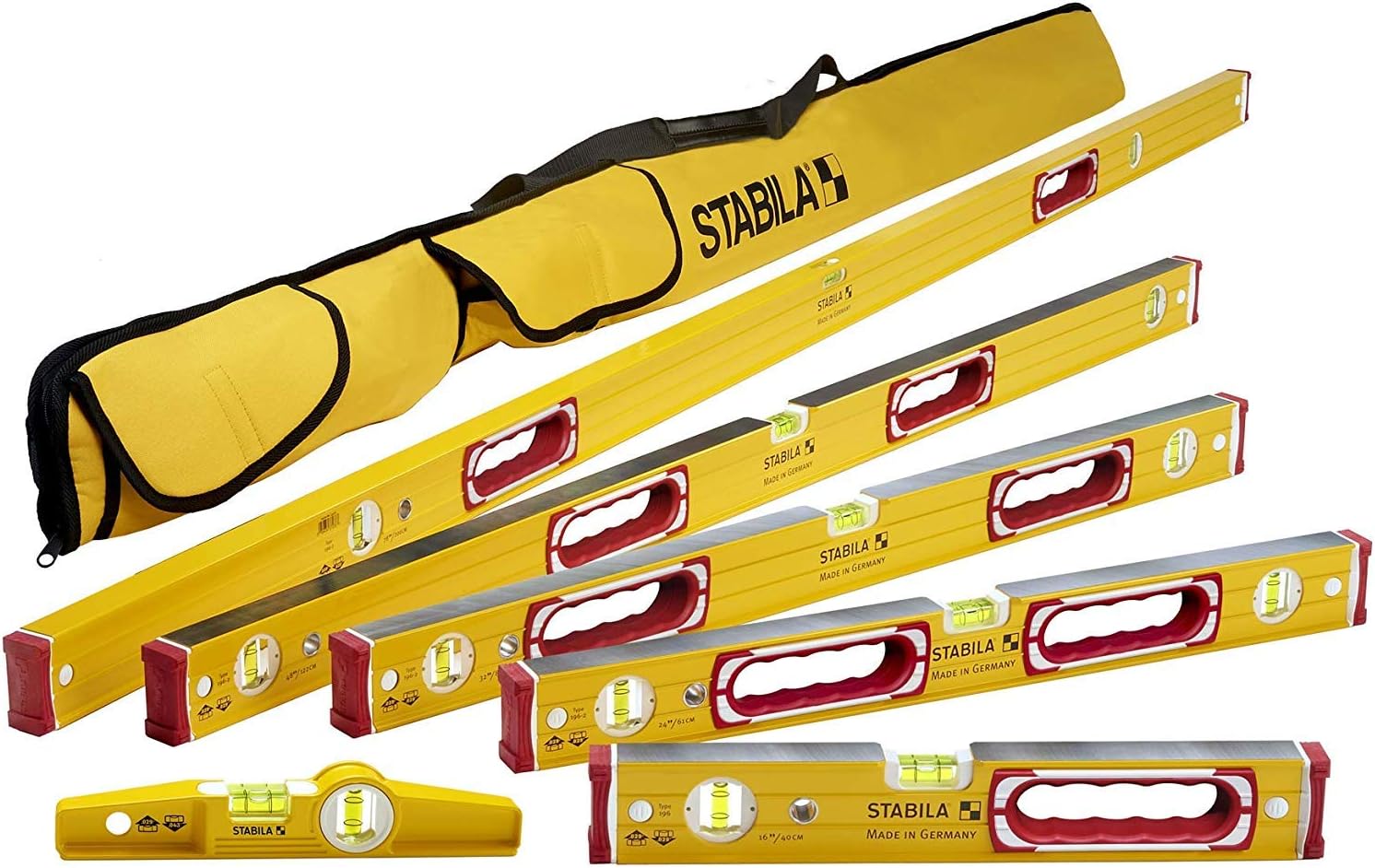 Stabila 78496 Type 196 Heavy Duty Complete 6 Level Kit - 78"/48"/32"/24"/16"/10” Die Cast Magnetic Torpedo Level Includes Nylon Carrying Case, Yellow