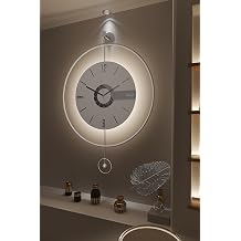 Large Luxury LED Backlit Wall Clock Pendulum Roman Numeral Metal Ring, Silent Non-Ticking Decorative Clock for Living Room Bedroom Entryway, Modern Halo Glow Elit Silver