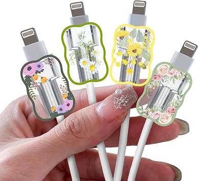 CameCosy Cute Cable Protector for iPhone Type-c Charger, Flowers Garden Pattern 4 PCS Set Wave Cable Phone Protector for Women Girls,Charging Cord Protector,Cable Chomper,Data Cable Saver