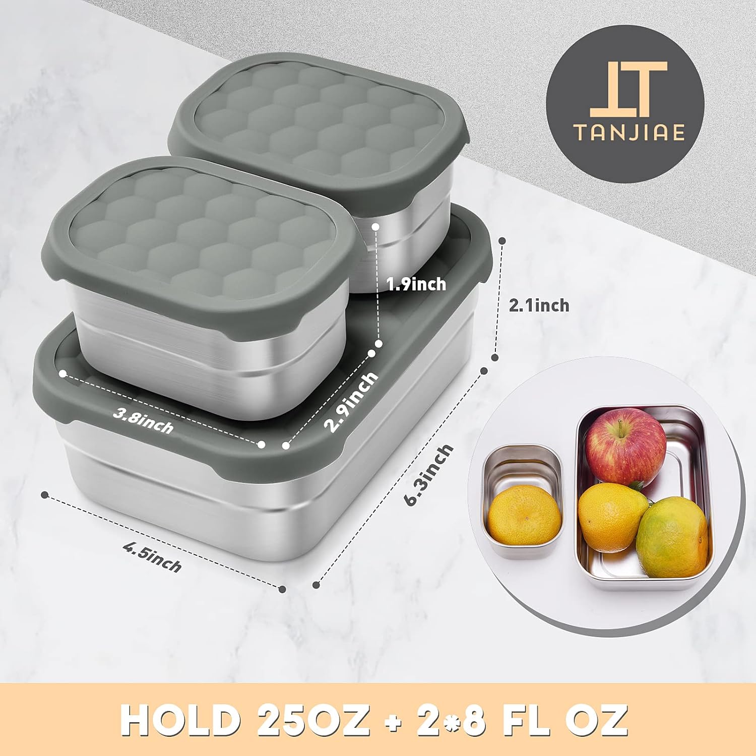 3 CUP+1 CUP Stainless Steel Lunch Snack Containers Set | Leak Proof 304 Stainless Steel Food Containers with Silicone Lids - Perfect Metal Lunch Box for School and Daycare (25oz+8oz*2) - Image 3