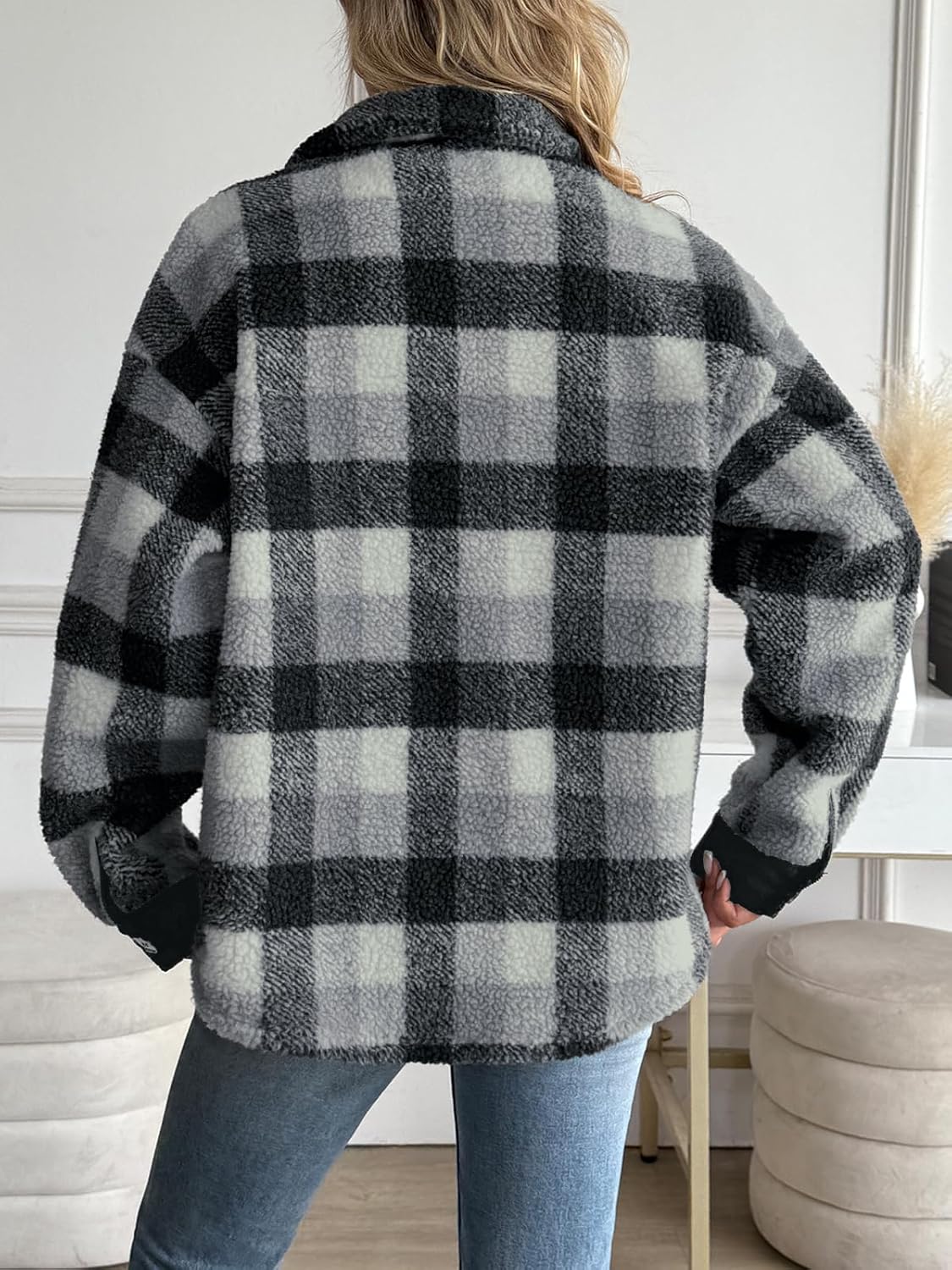 LILLUSORY Flannel Sherpa Jackets for Women Fleece Shackets Plaid Button Down Jacket Winter Coats - Image 4