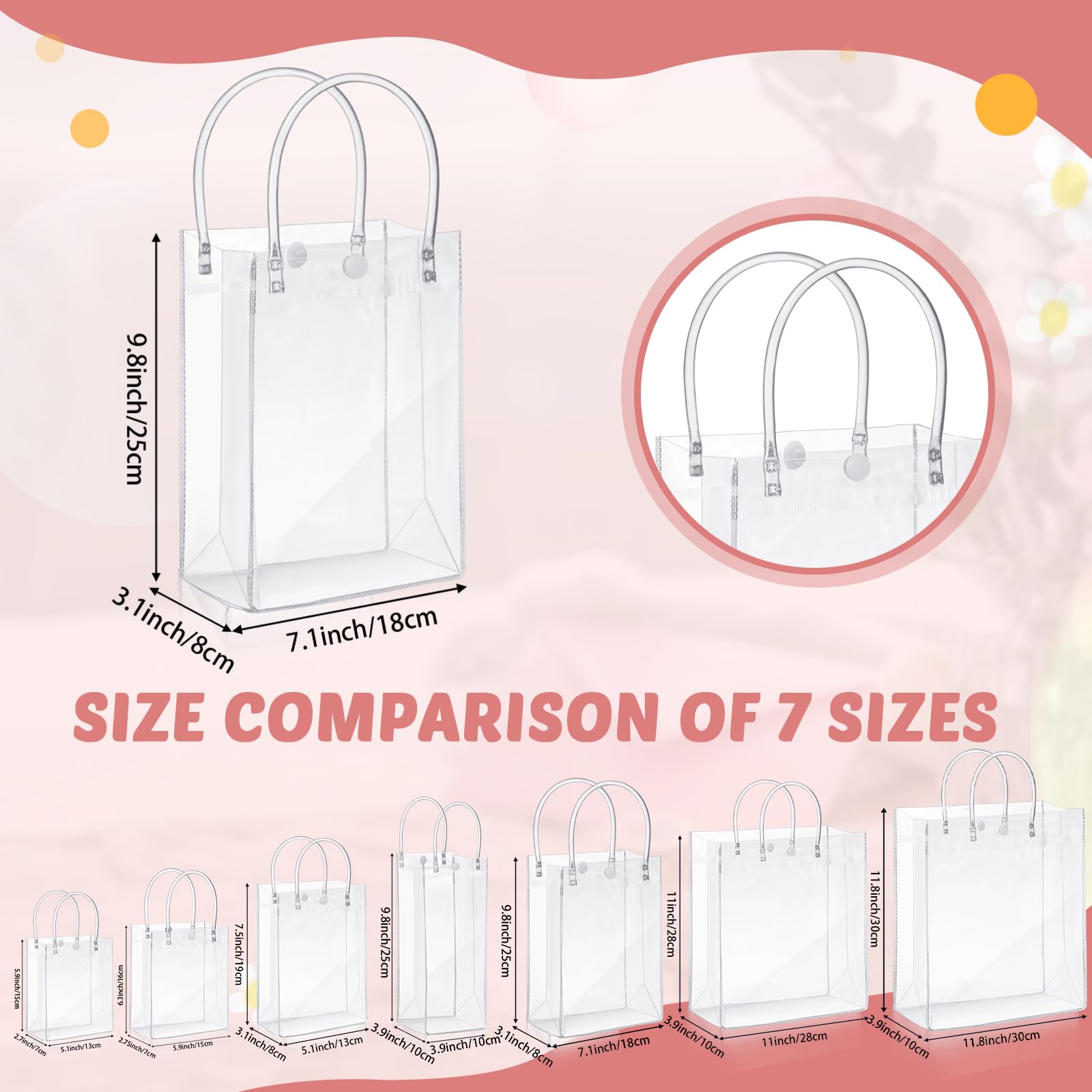 LEIFIDE 50pcs Clear Plastic Gift Bags with Handles PVC Reusable Transparent Totes Bags for Goodie Candy School Birthday Party(7.1 x 9.4 x 3.1 Inch)