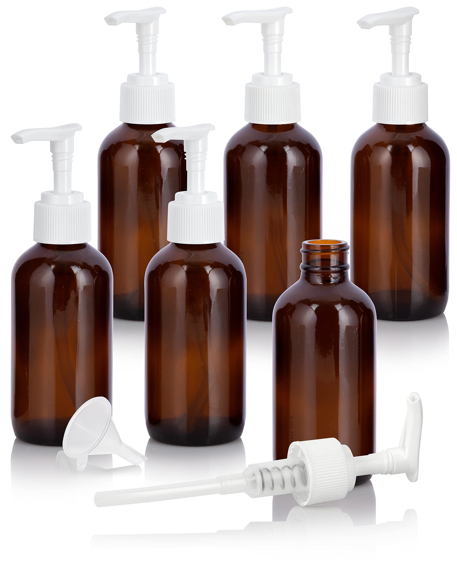 4 oz / 120 ml Amber Glass Boston Round Bottle with White Lotion Pump + Funnel (6)