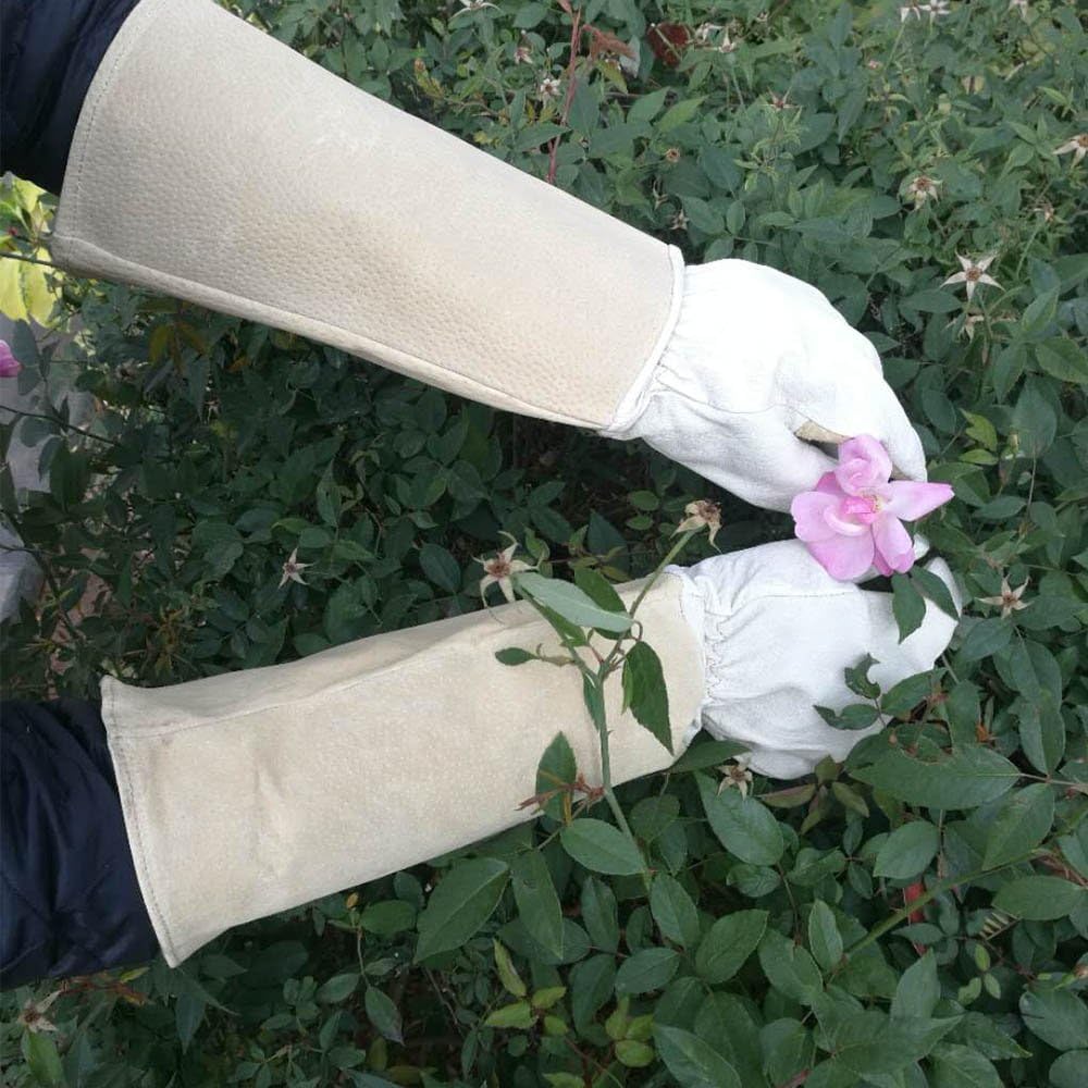 HANDLANDY Bundle -2 Pairs: Rose Pruning Gloves for Men & Women, Beige (XL),Pink (M) Long Thorn Proof Gardening Gloves, Breathable Pigskin Leather Gauntlet, Best Garden Gifts & Tools for Gardener