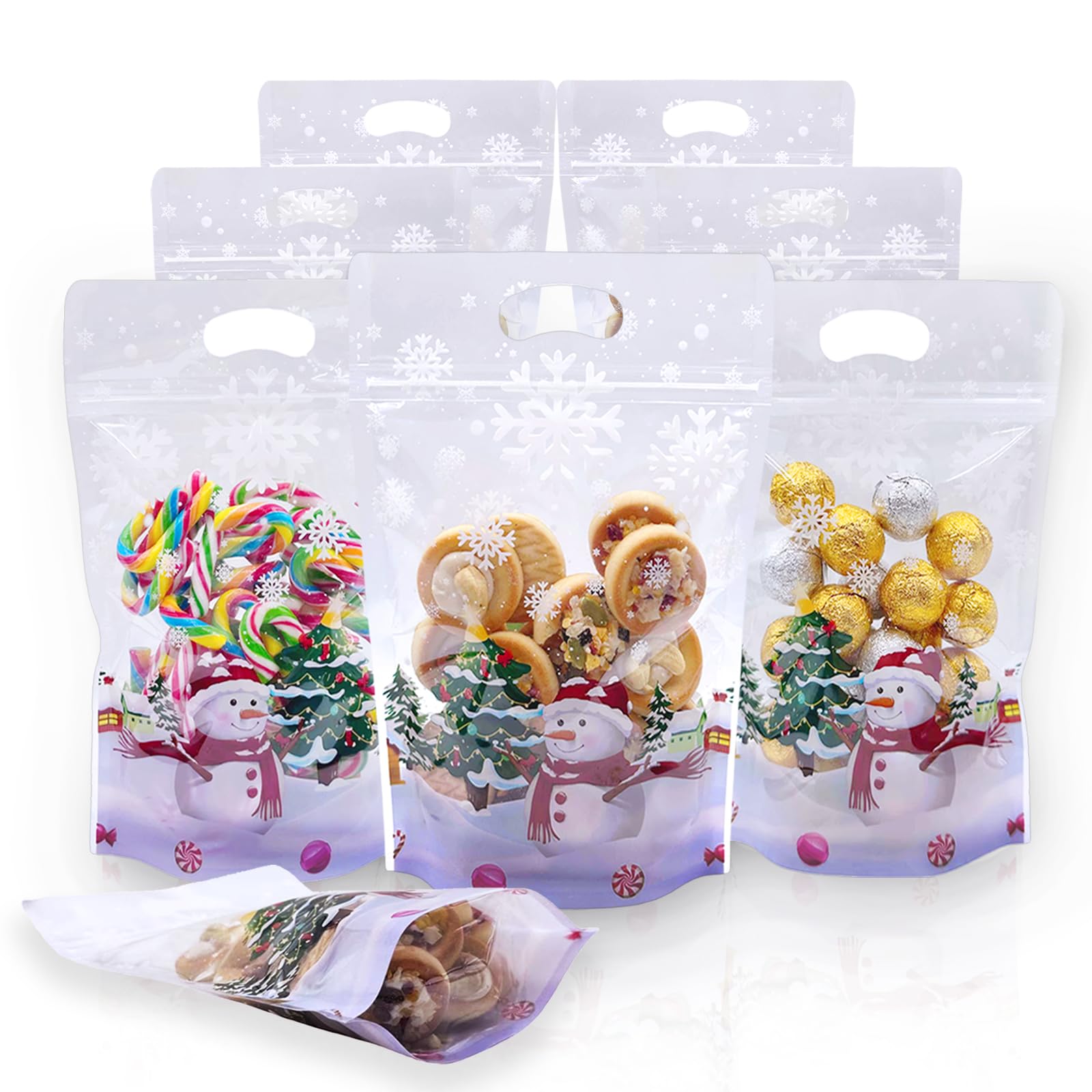 Rikolto Resealable Christmas Zip Lock Bags 50PCS Clear Christmas Cookie Snowman Plastic Sealing Bags with Handles for Xmas Holiday Party Candy Small