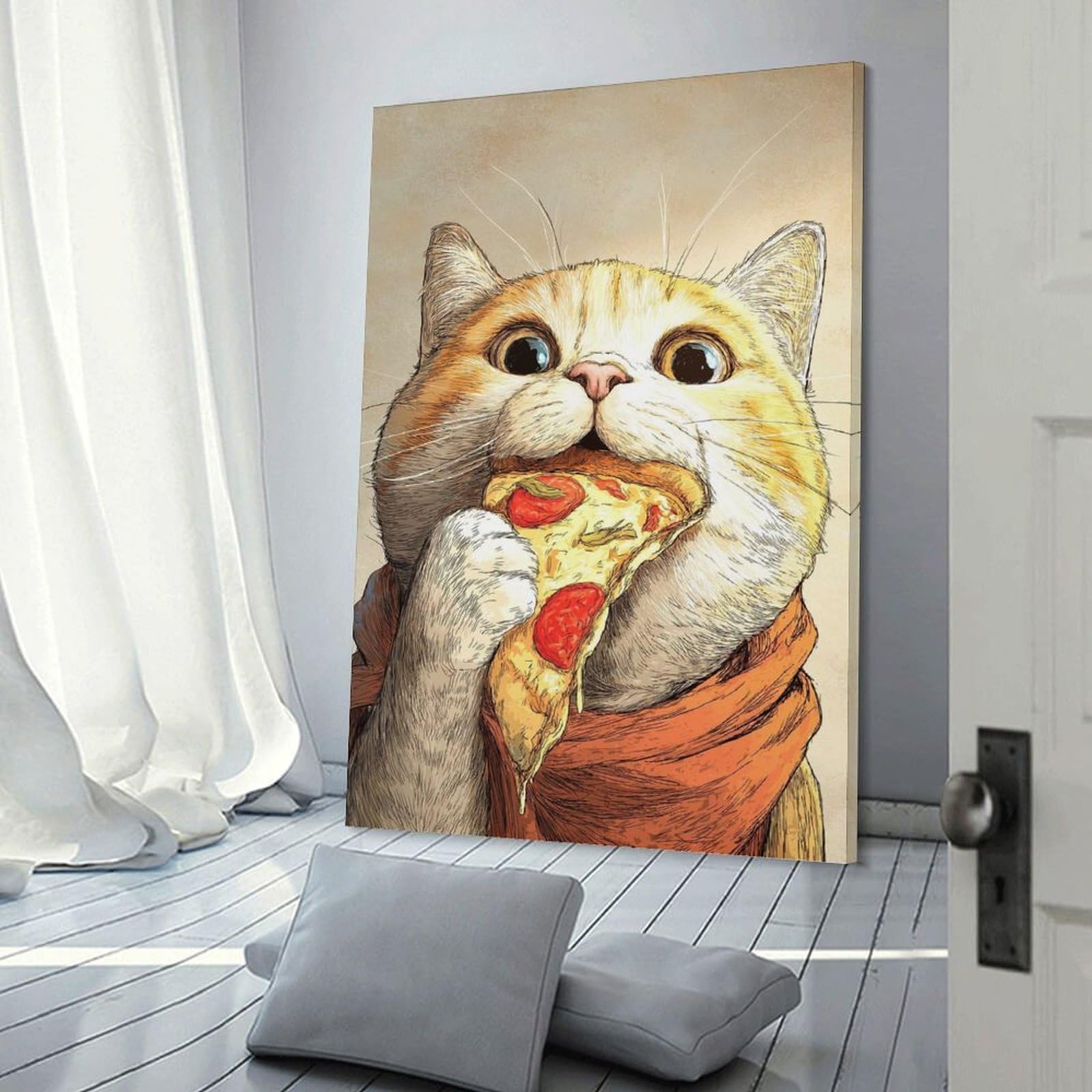 Junmoney Cat Eating Pizza Slice Illustration Hanging Wall Art, 16x24inch(40x60cm), for Entryway, Lounge Links Or Small Walls, Home Artwork for First Impressions