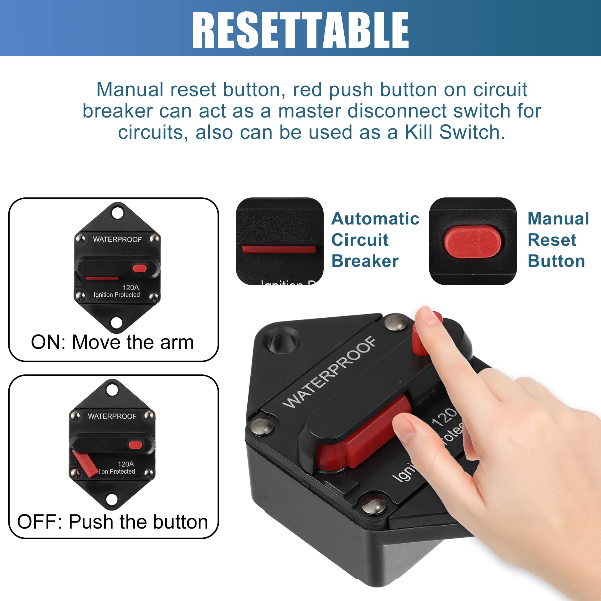 X AUTOHAUX Auto Leistungsschalter 120A Wasserdicht Reset Sicherung 12-48V | 1 Stück, Kunststoff/Zinklegierung Stahl, 7.4x5.5x4.9cm, Überlastschutz, Notausschalter, DC 12-48V