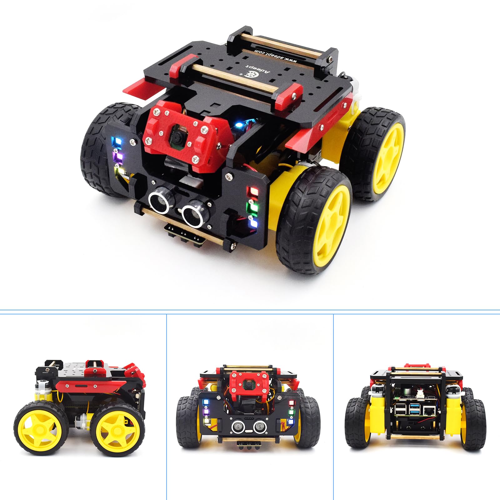 Adeept AWR 4WD Smart Robot Car Kit per Raspberry Pi 5/4B/3B/3B+(scheda non inclusa), Line Tracking, Evitamento ostacoli, servomotore, ricarica USB-C, OpenCV Python DIY Robotics