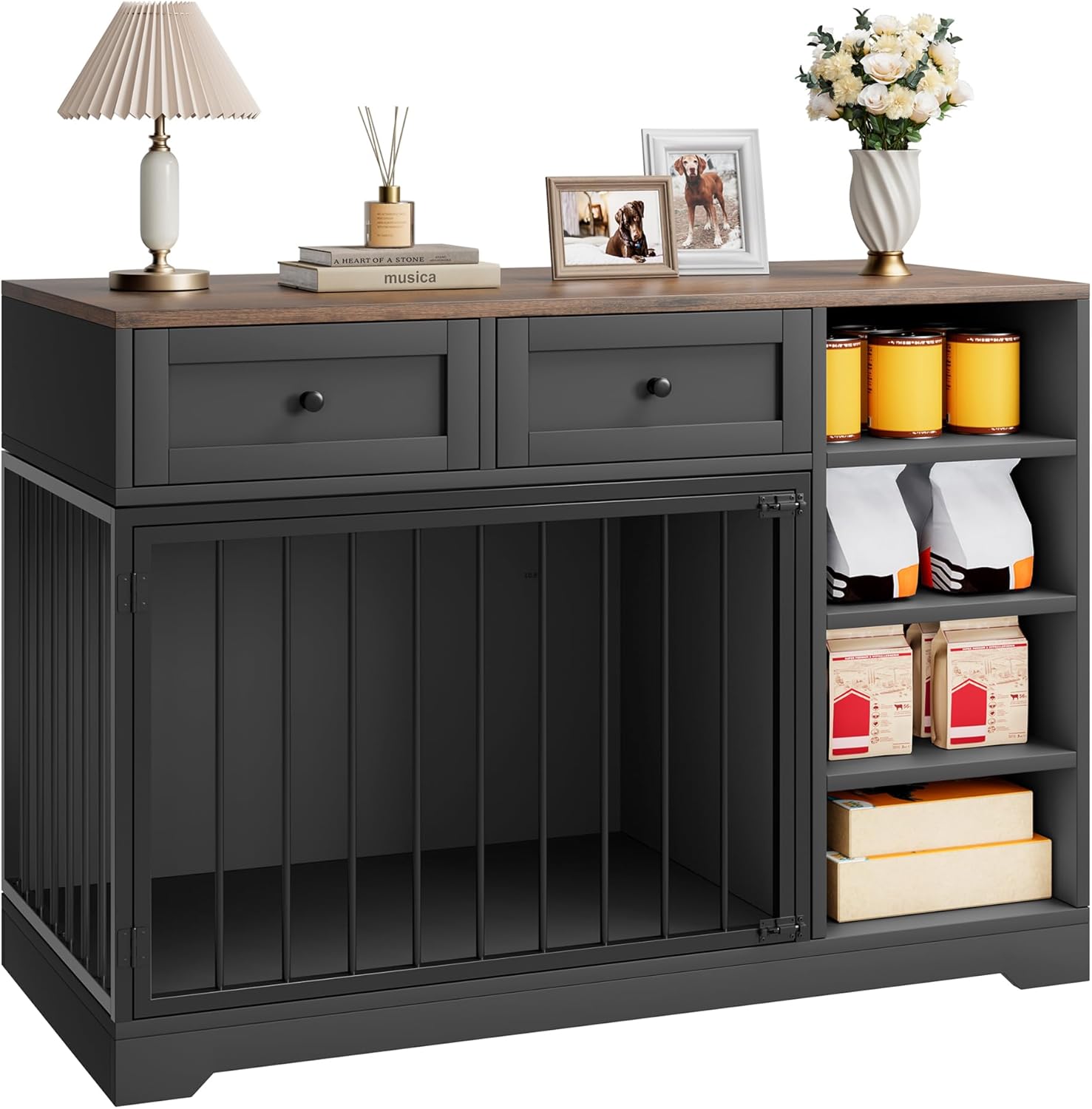 Garvee 47.2" Dog Crate Furniture with 2 Drawers and 4 Shelves, Wood Dog Crate TV Stand, Large Dog Kennel Indoor for Small Medium Large Dogs, Black